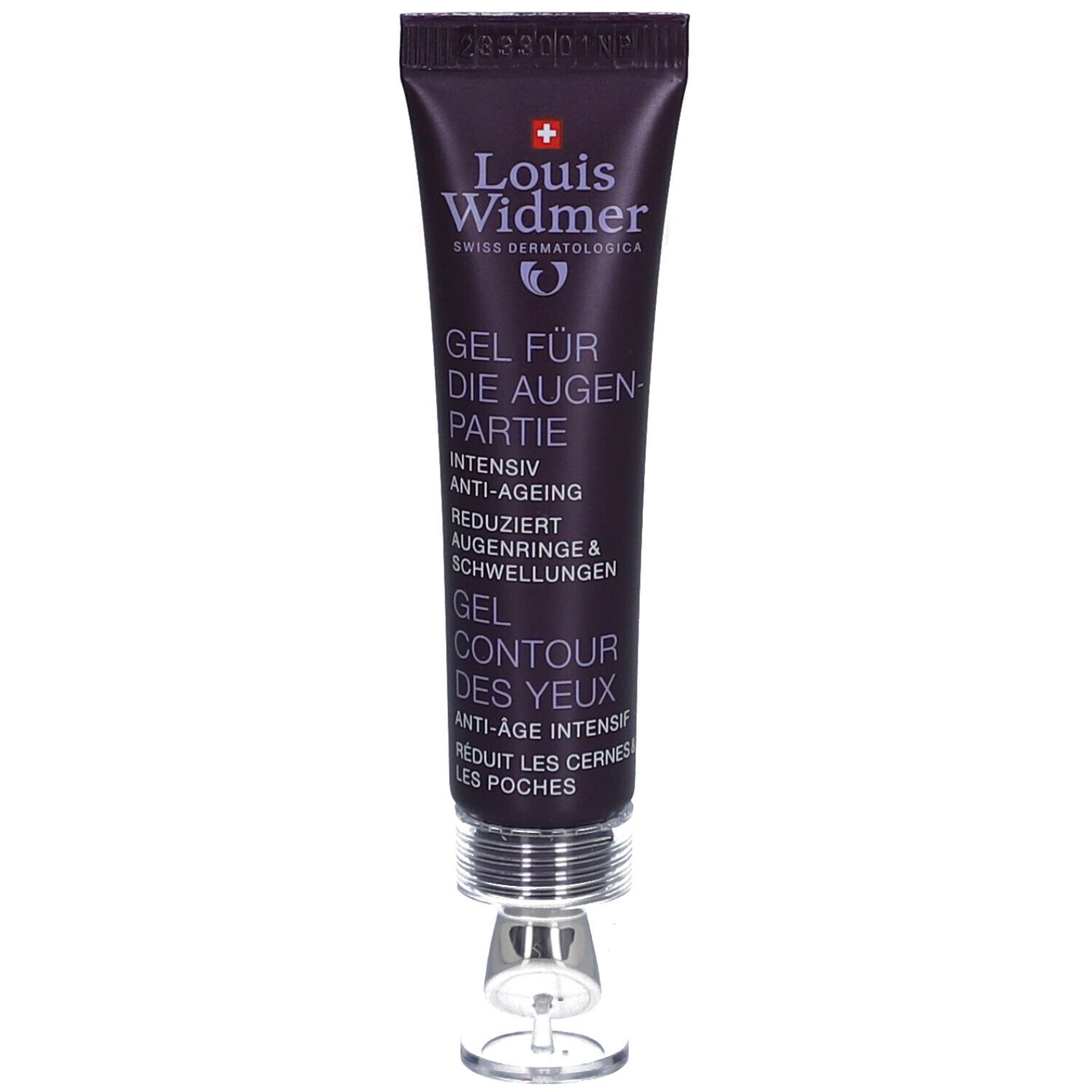 Dunkelviolette Tube mit Augenkontur-Gel. Louis Widmer Logo und Produktbezeichnung. Mit Applikator.