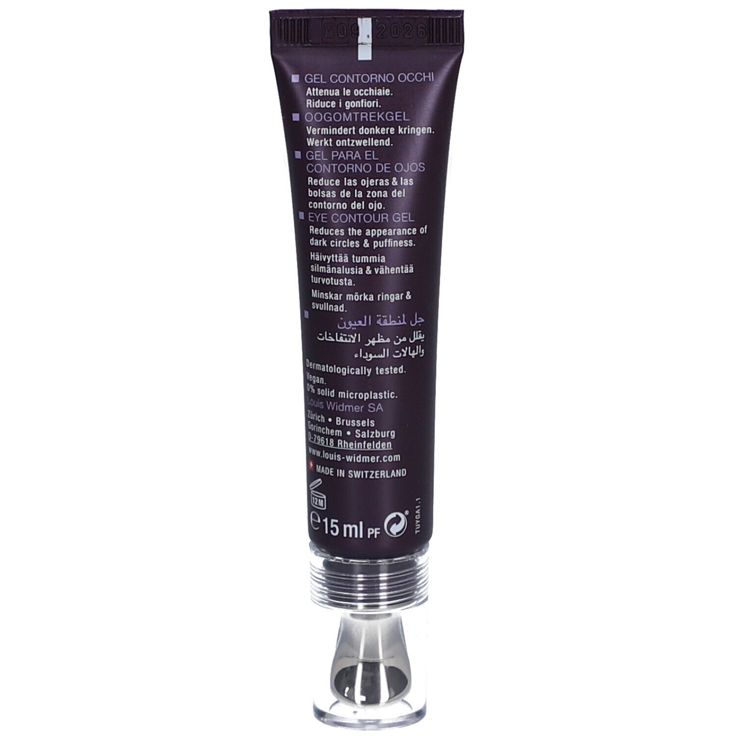 Rückseite der Tube mit Produktinformationen. Inhaltsstoffe, Herstelleradresse, und QR-Code.
