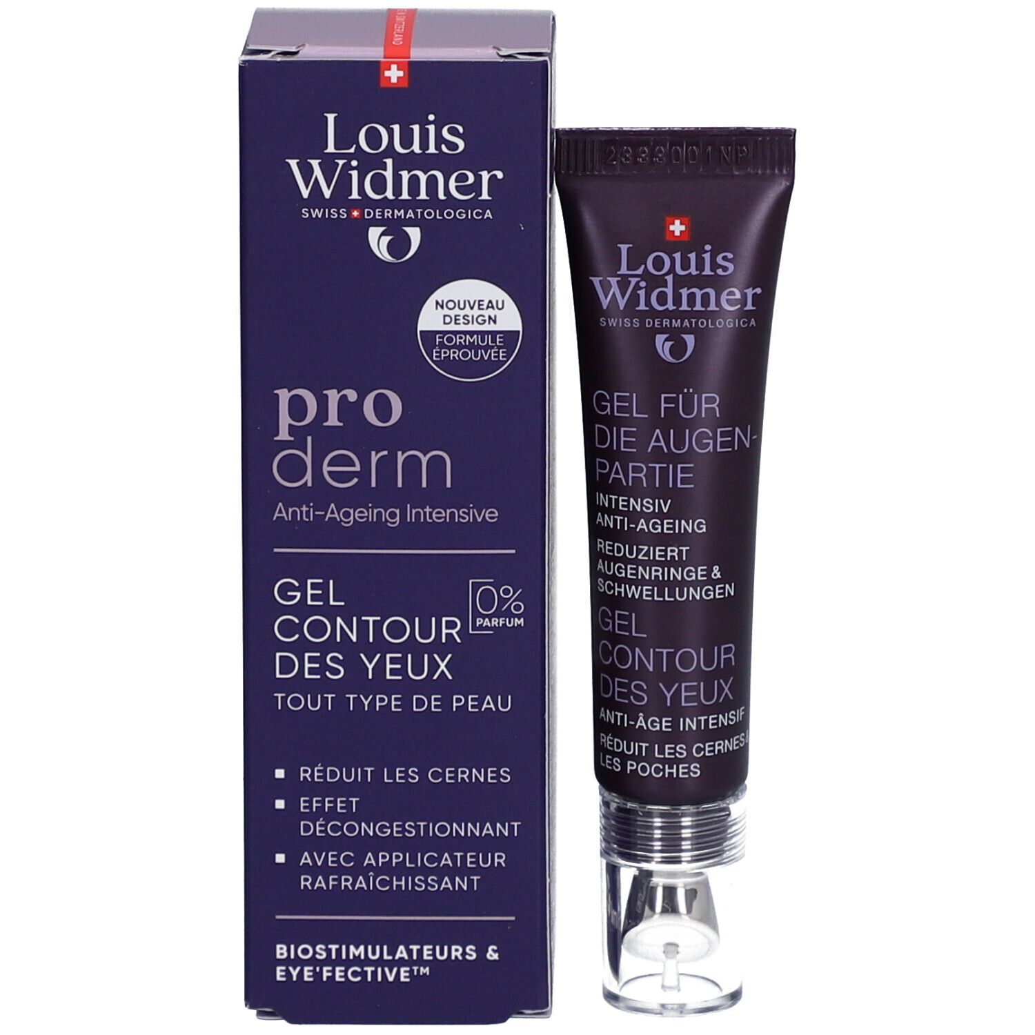Produktverpackung mit Tube. Pro Derm Gel Contour des Yeux. Mit 0% Parfum. Inhaltsstoffe.