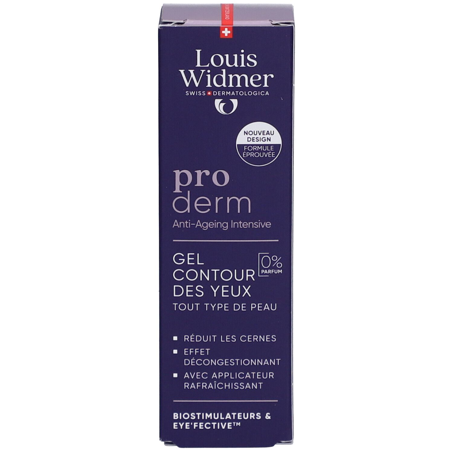 Produktverpackung, dunkelblau mit weißer Schrift. Pro Derm Anti-Ageing Intensive Gel Contour des Yeux.