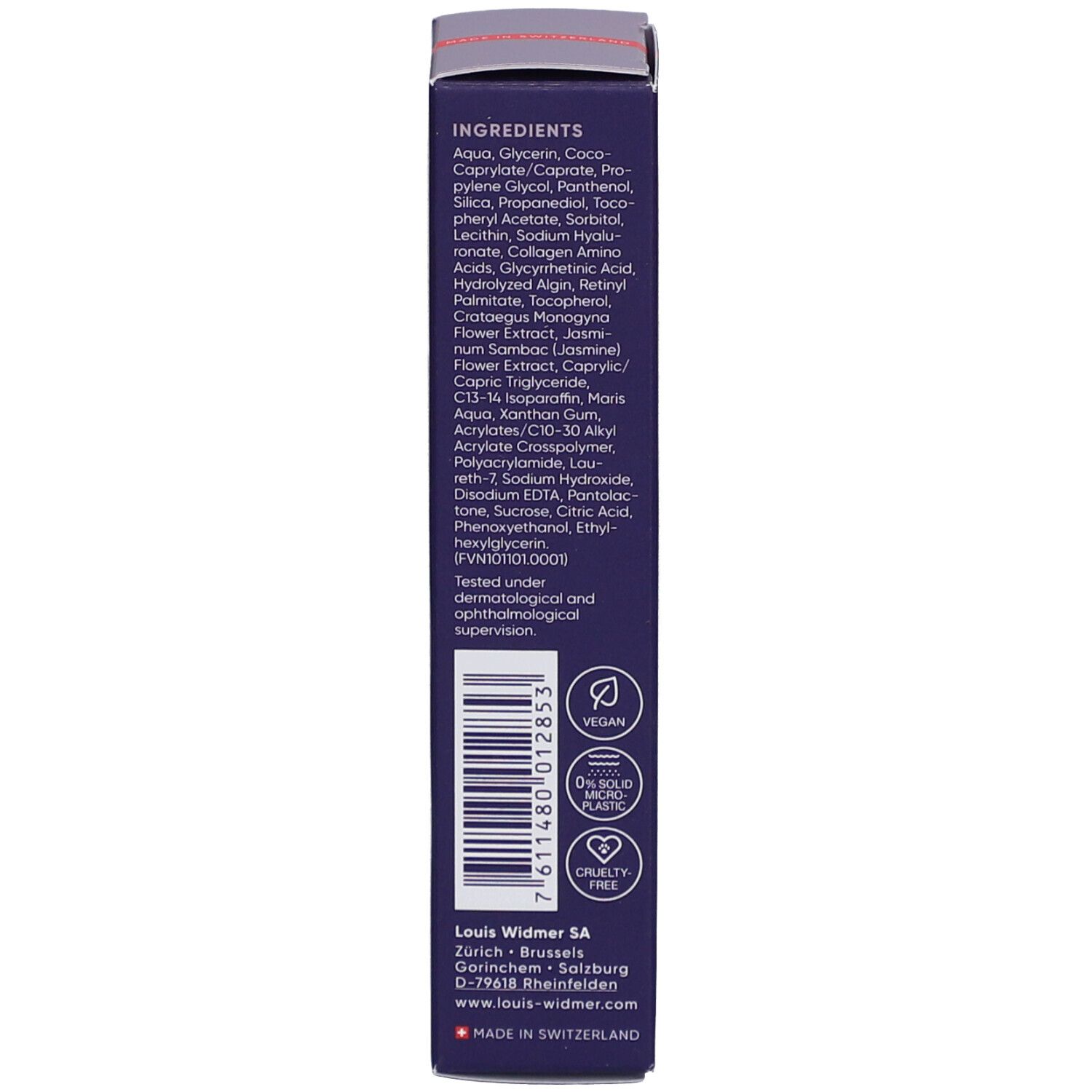 Rückseite der Produktverpackung. Inhaltsstoffe, Herstellerinformationen, und Zertifizierungen.