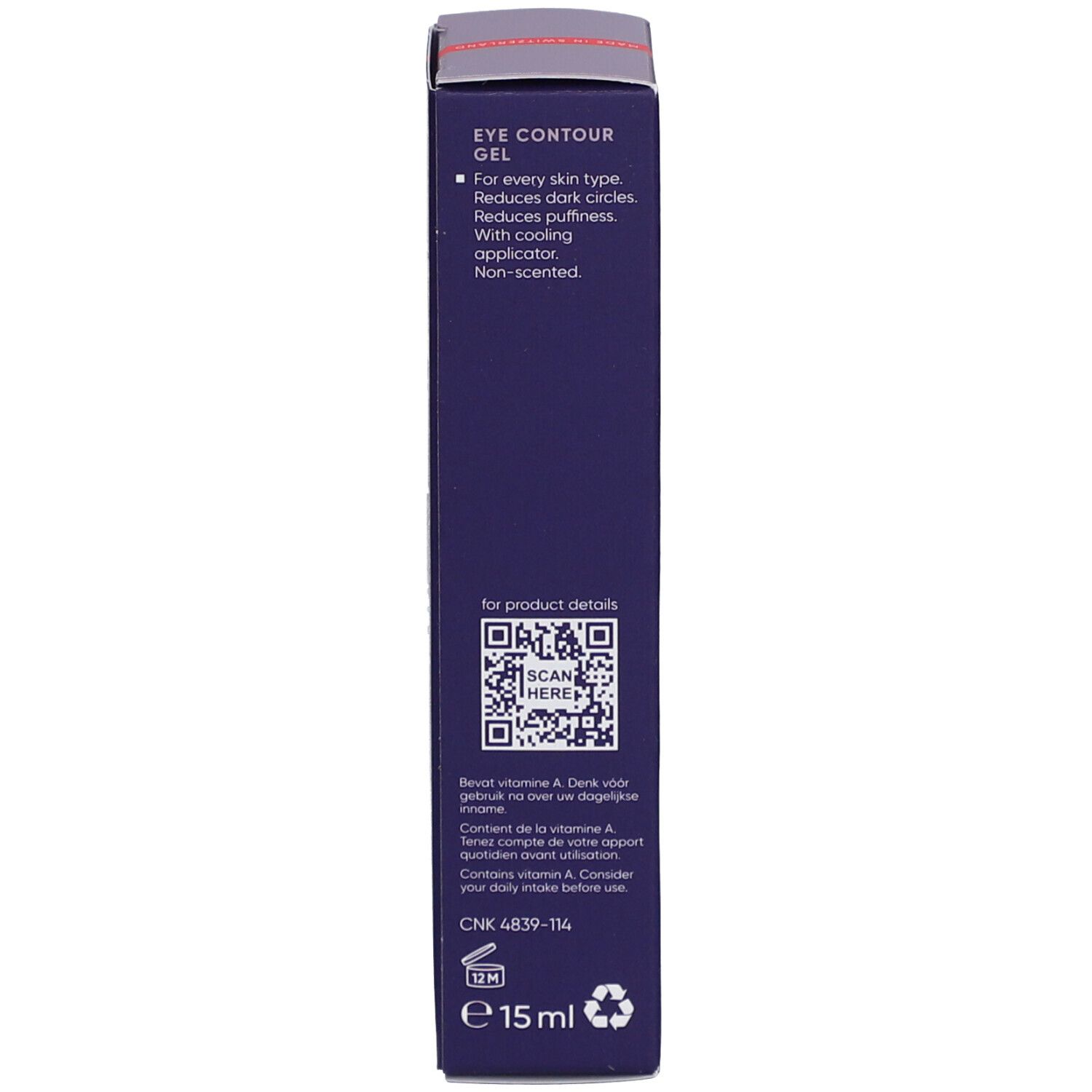 Rückseite der Produktverpackung. Informationen zum Produkt, QR-Code, und Herstelleradresse.