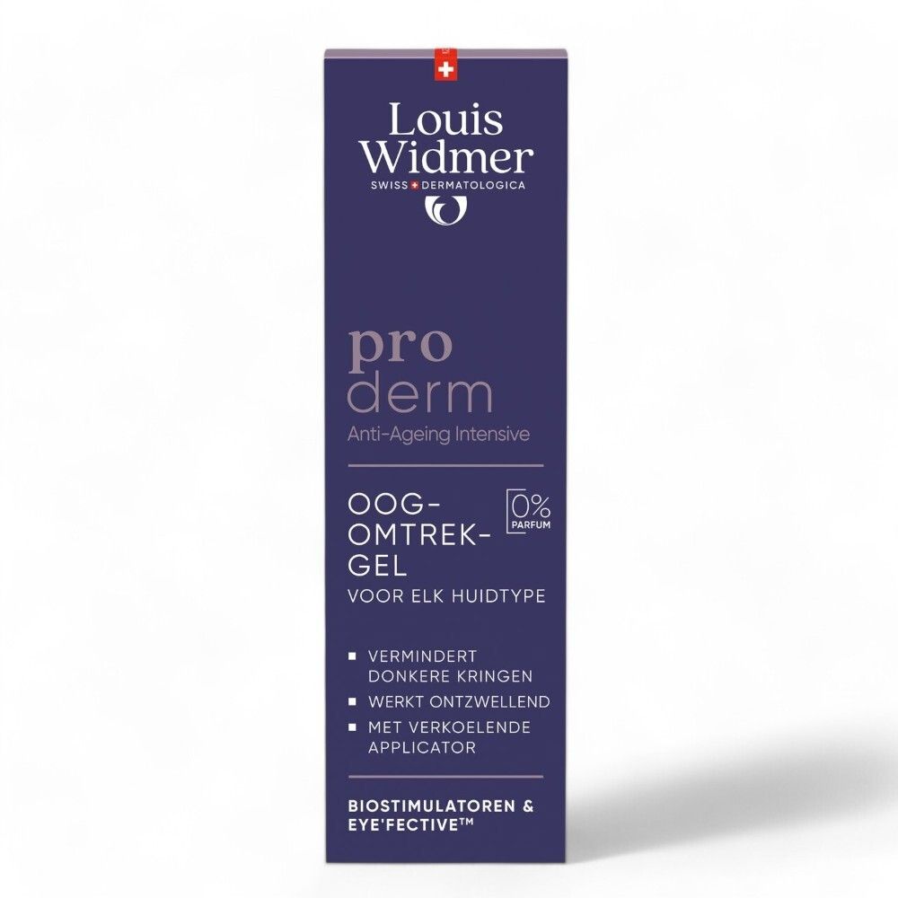 Emballage produit, bleu foncé. Oogomtrek-Gel. 0% Parfum. Pour tous types de peau. Avec applicateur.