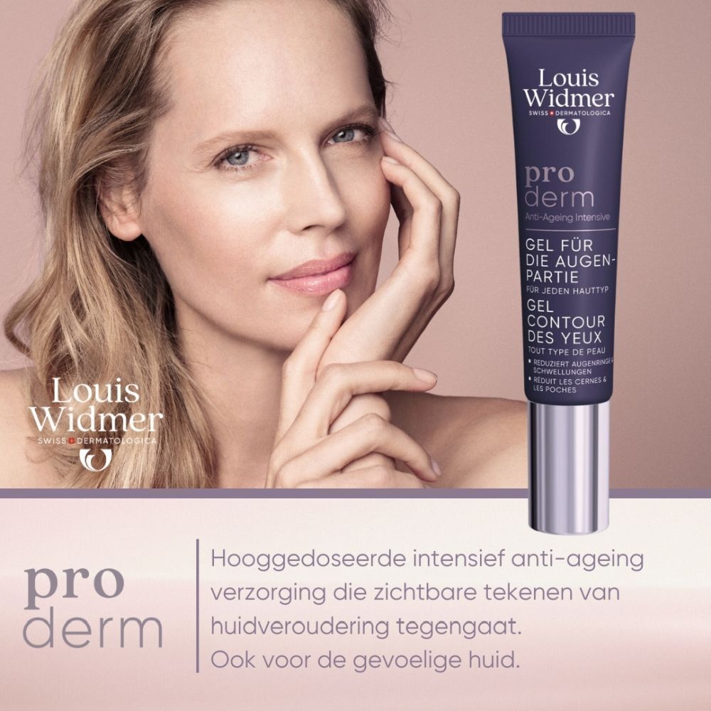 Productverpakking, donkerblauw. Oogomtrek-Gel. 0% Parfum. Voor elk huidtype. Met applicator.