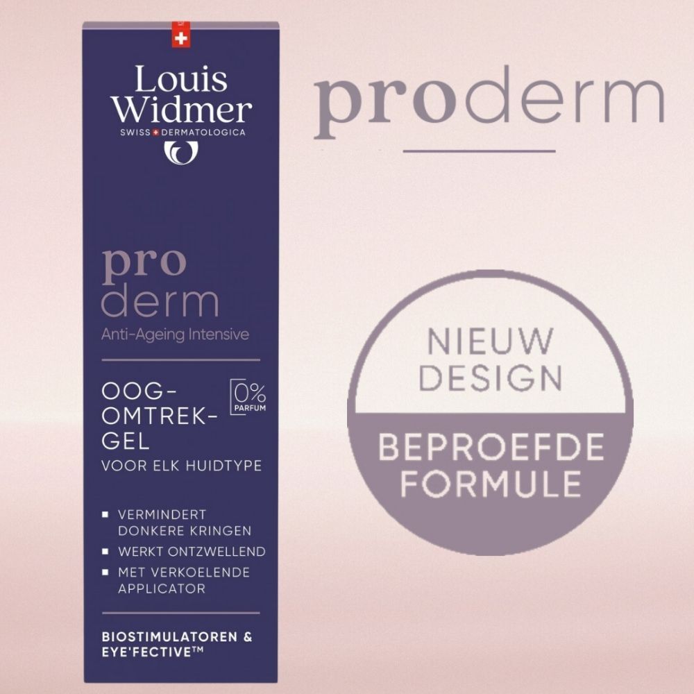 Productverpakking, donkerblauw. Oogomtrek-Gel. 0% Parfum. Voor elk huidtype. Met applicator.