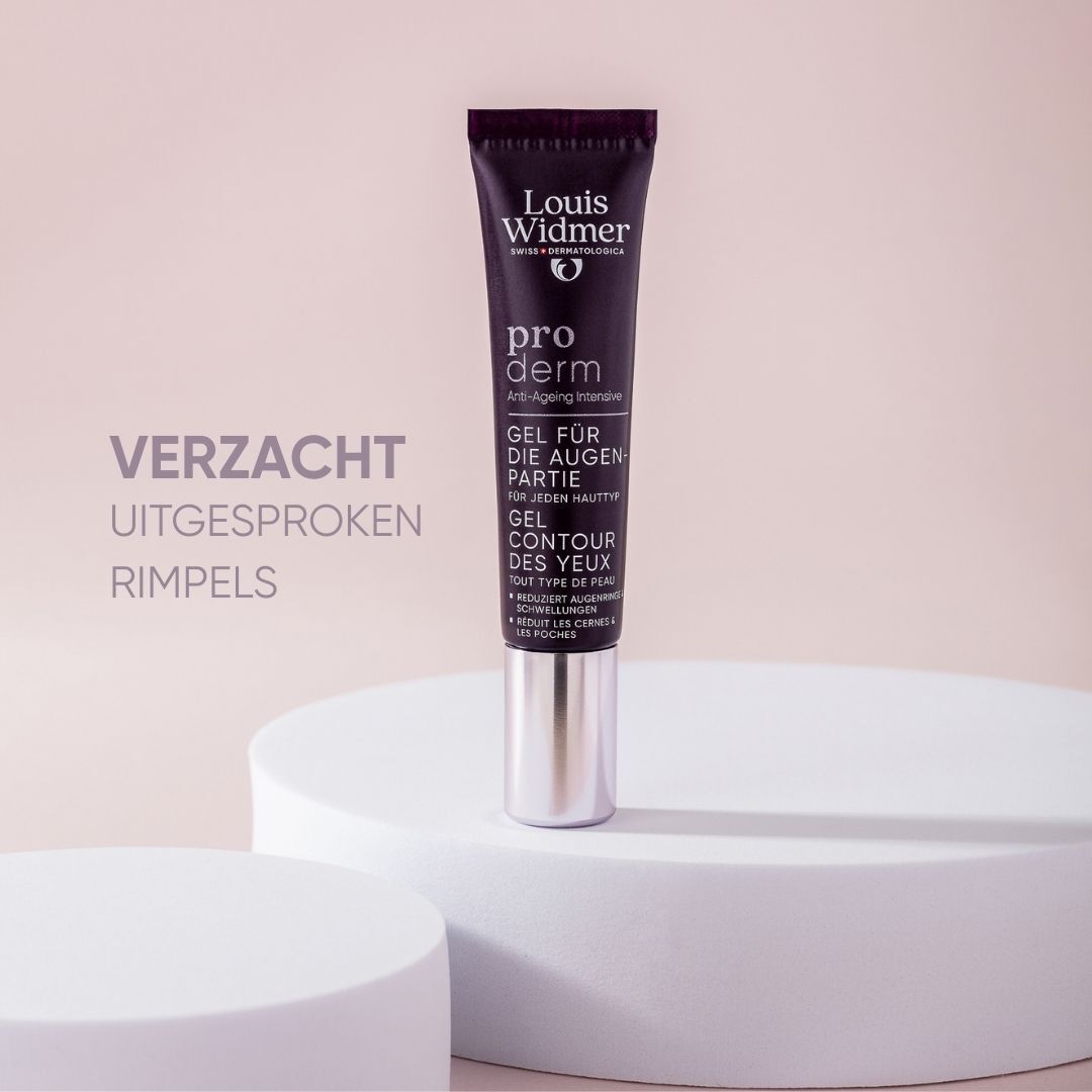Productverpakking, donkerblauw. Oogomtrek-Gel. 0% Parfum. Voor elk huidtype. Met applicator.