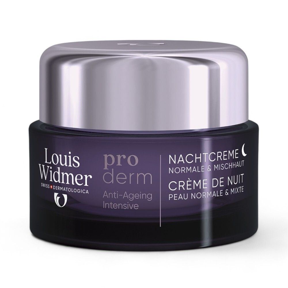 Pot de crème avec couvercle. Inscription: Louis Widmer, pro derm, Crème de nuit, peau normale & mixte.
