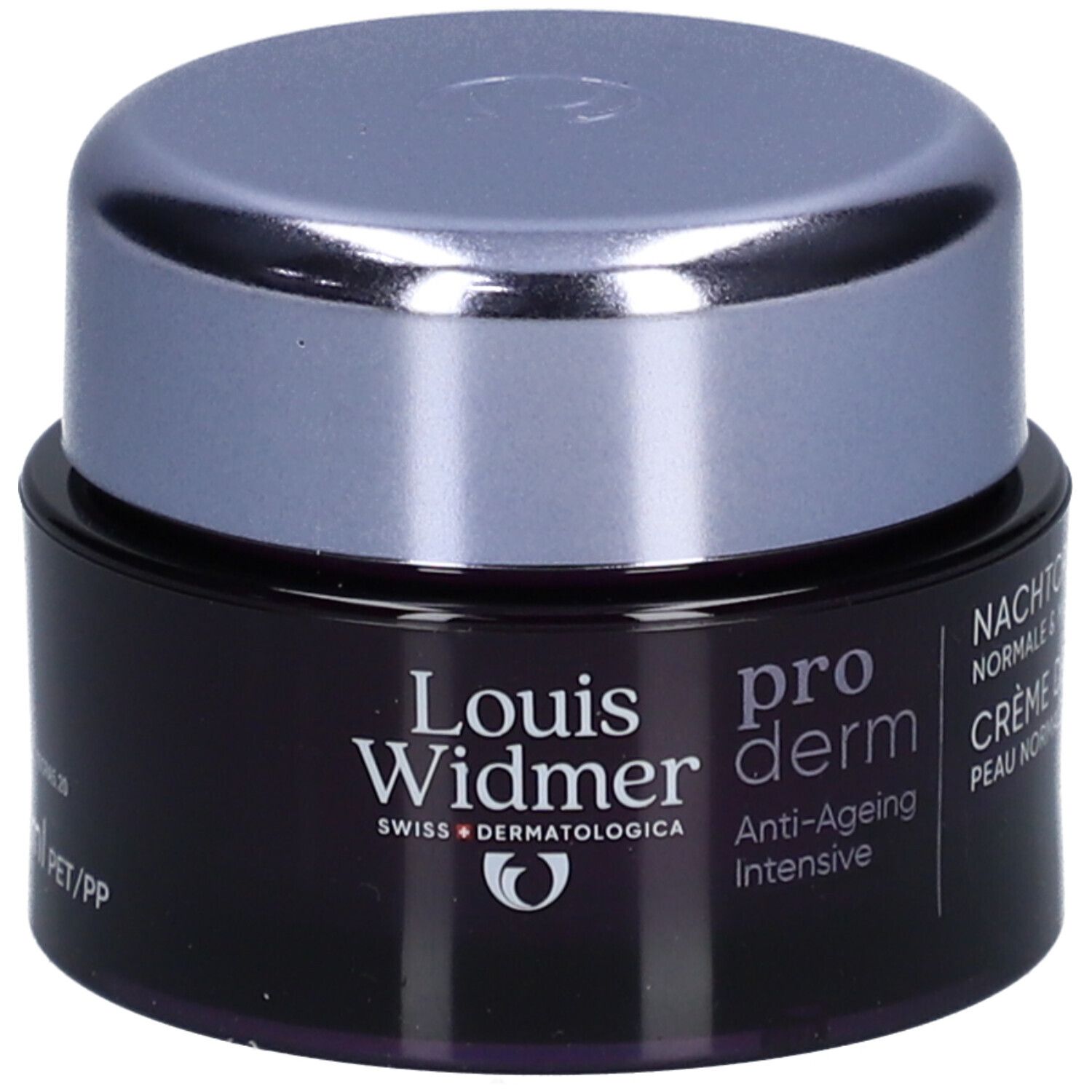 Pot de crème avec couvercle. Inscription: Louis Widmer, pro derm, Anti-Ageing intensive. Crème de nuit.