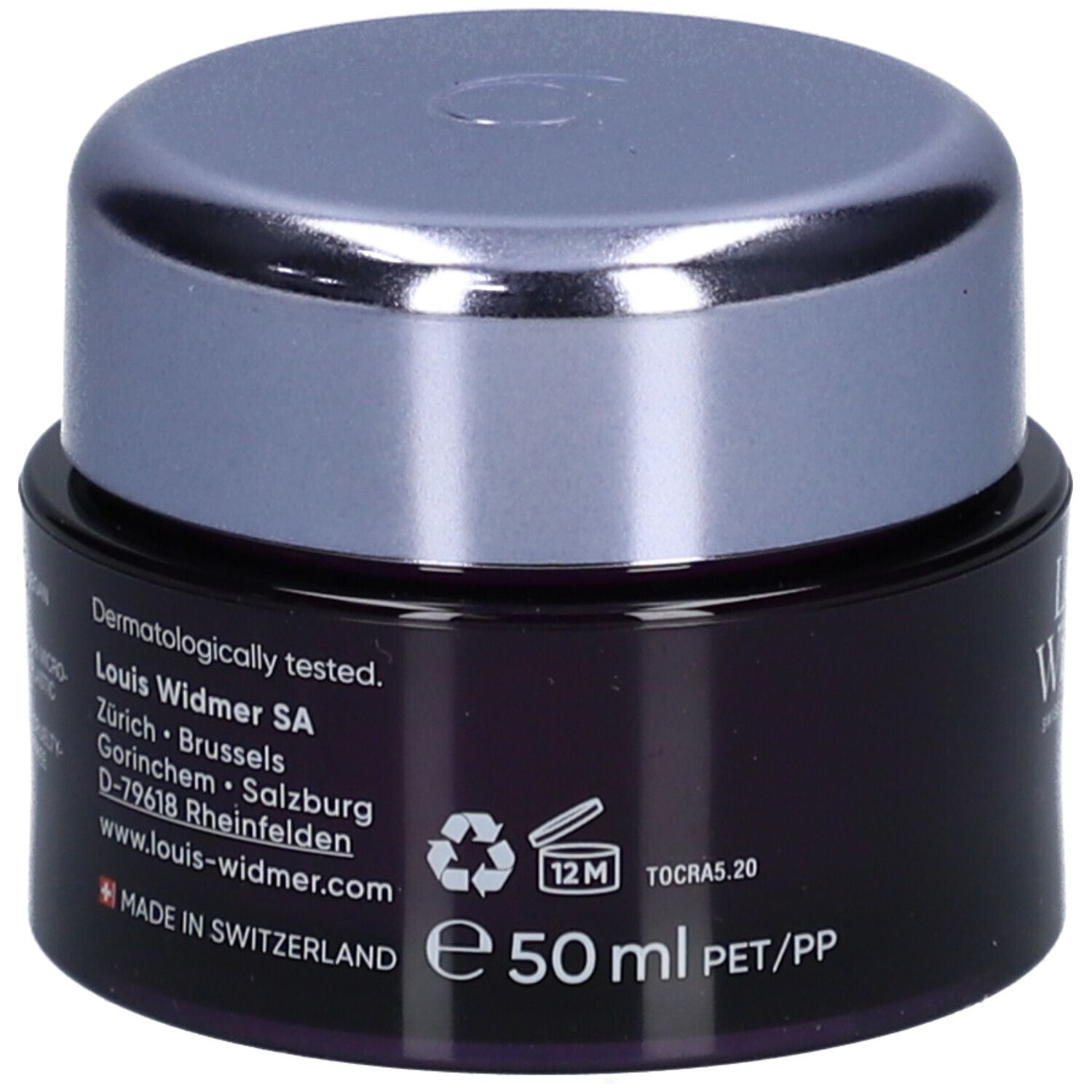 Pot de crème avec couvercle. Inscription: Louis Widmer, pro derm, Anti-Ageing intensive. 50 ml. Fabriqué en Suisse.