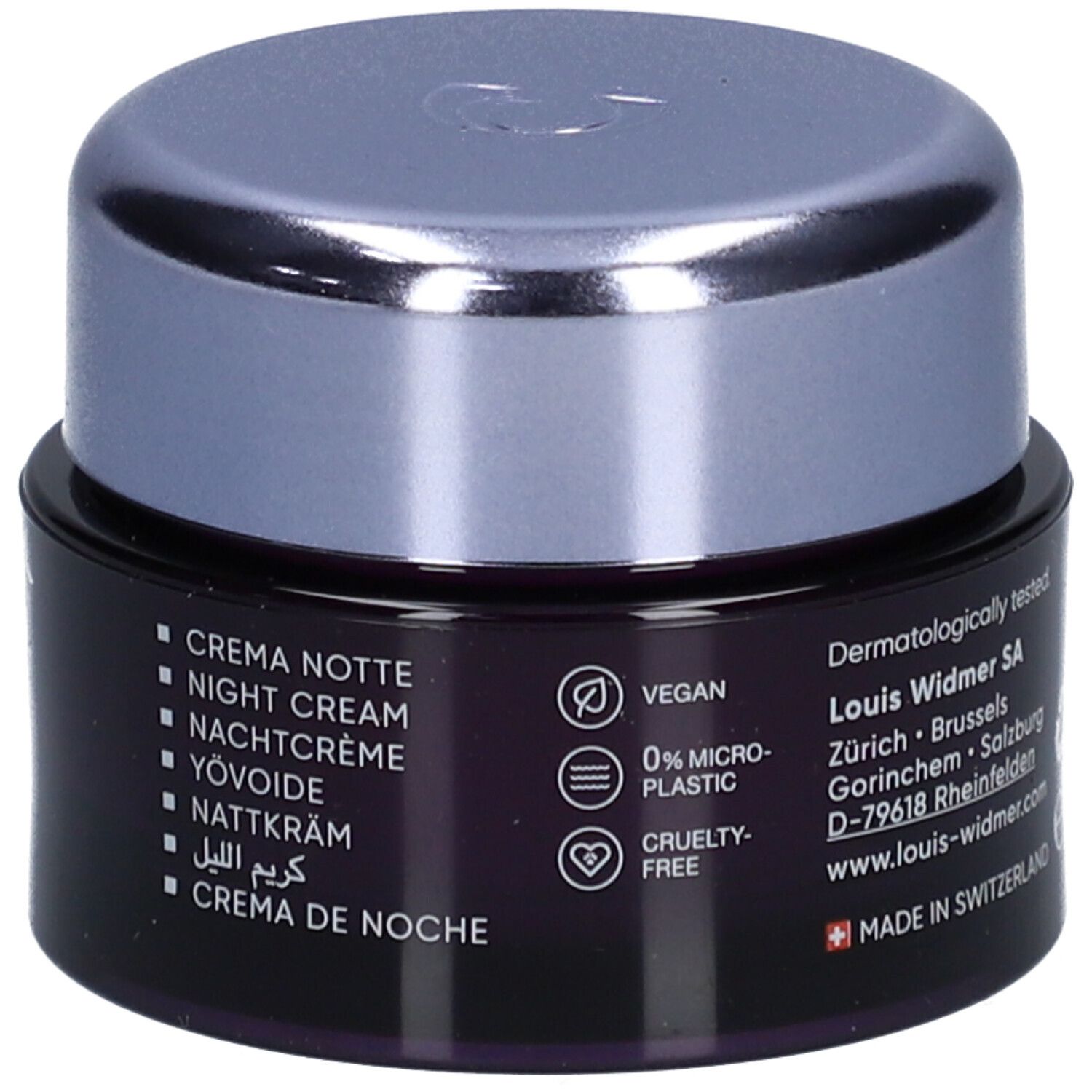 Pot de crème avec couvercle. Inscription: Louis Widmer, pro derm. Vegan, 0% microplastique, Cruelty-free. Suisse.