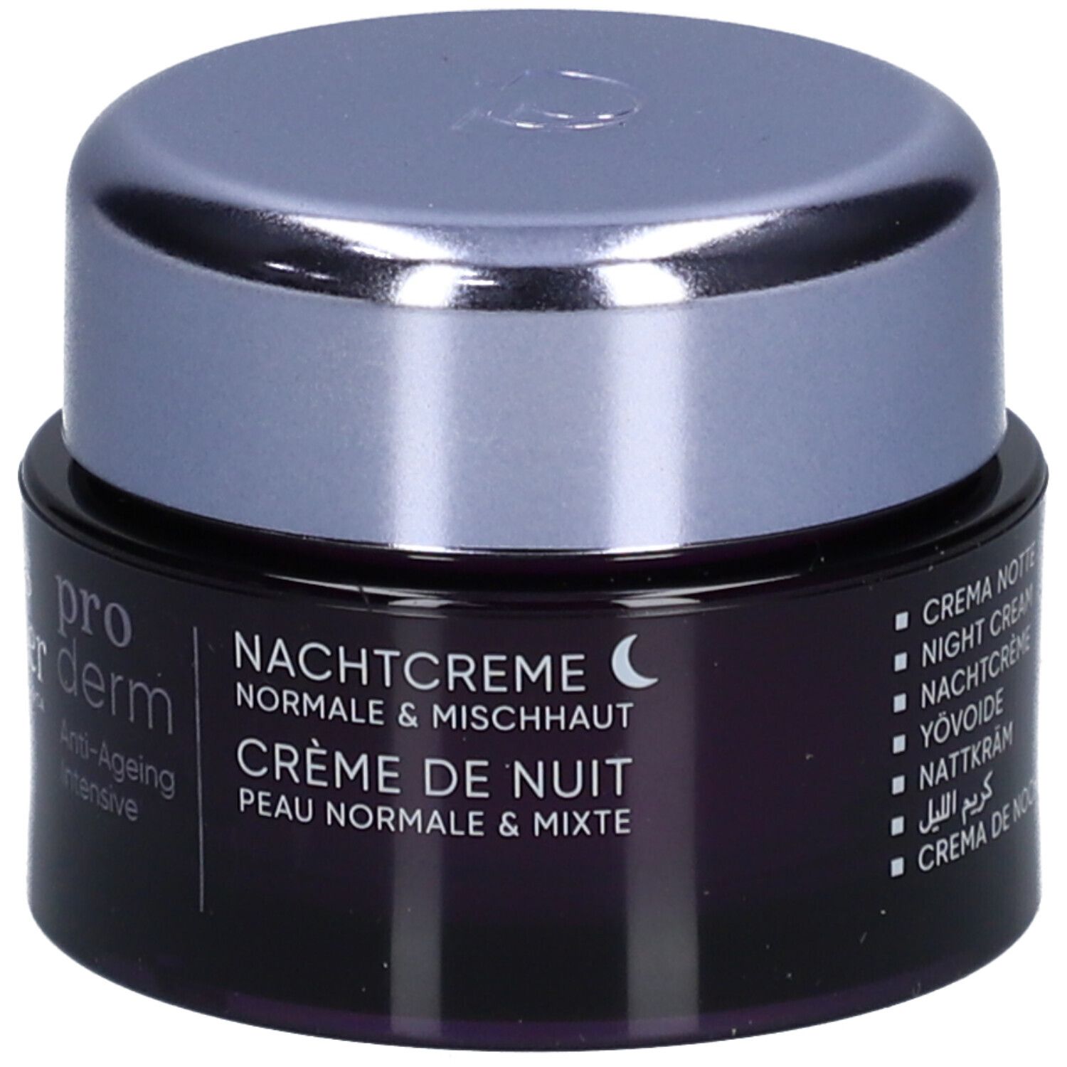 Pot de crème avec couvercle. Inscription: Louis Widmer, pro derm, Crème de nuit, peau normale & mixte.