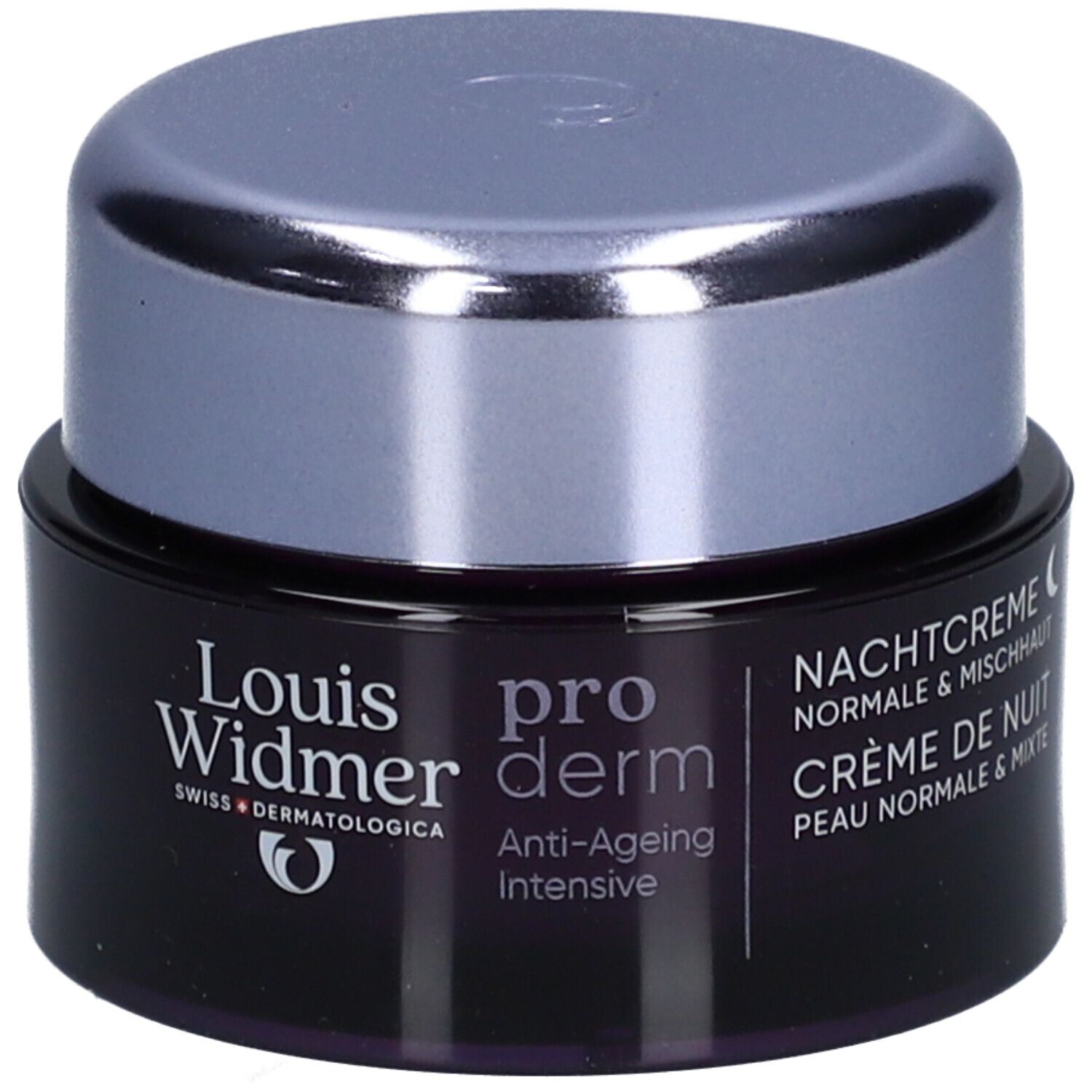 Pot de crème avec couvercle. Inscription: Louis Widmer, pro derm, Anti-Ageing intensive, Crème de nuit.