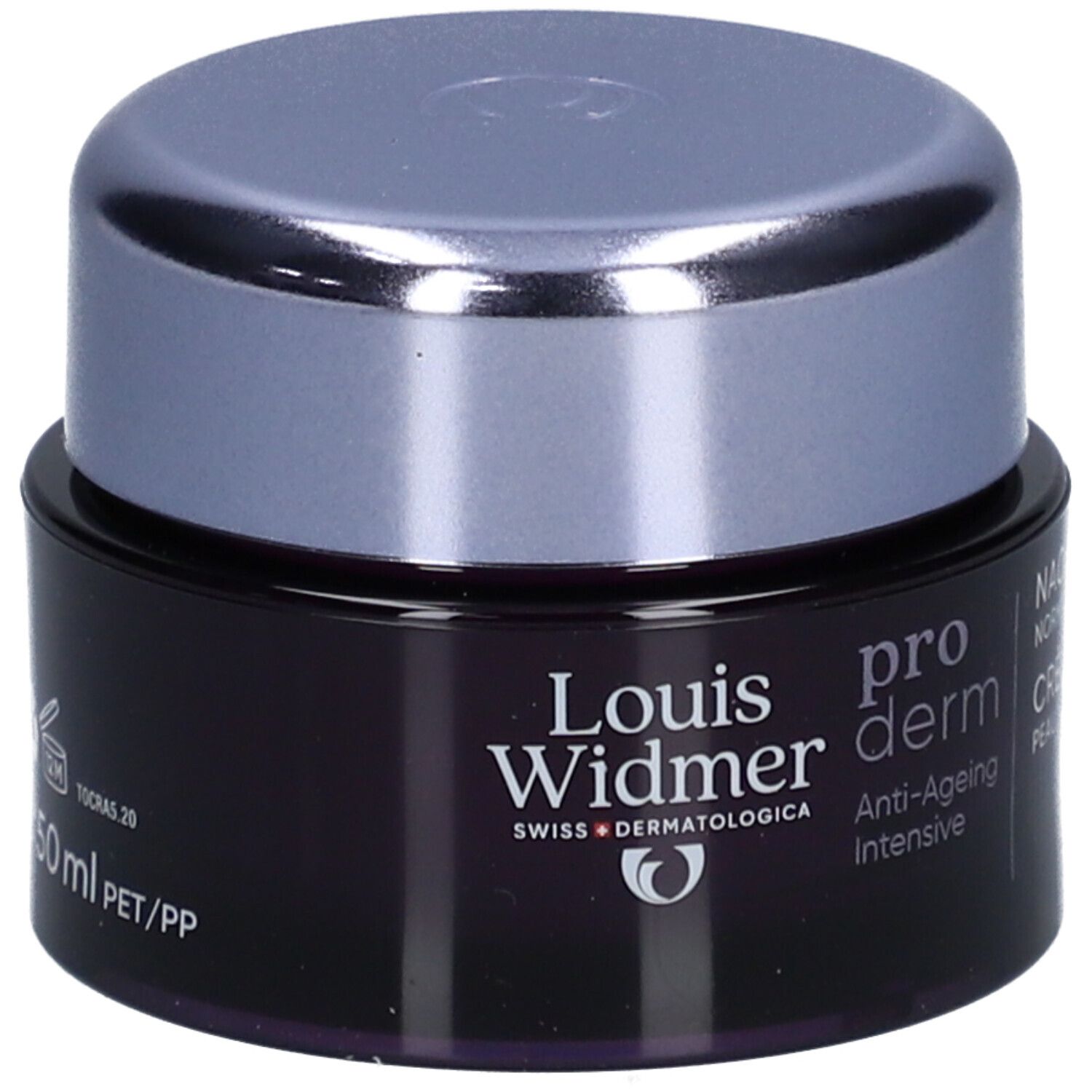Pot de crème avec couvercle. Inscription: Louis Widmer, pro derm, Anti-Ageing intensive. 50 ml. PET/PP.