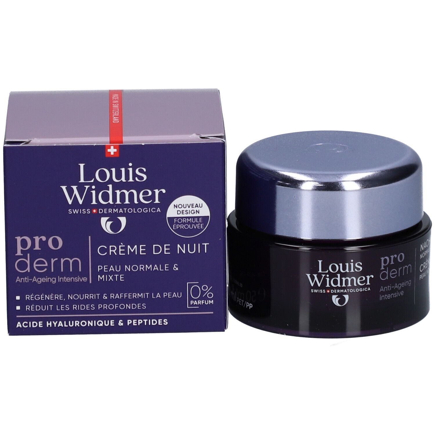 Pot de crème et boîte. Inscription: Louis Widmer, pro derm, Crème de nuit, 0% Parfum. Formule éprouvée.
