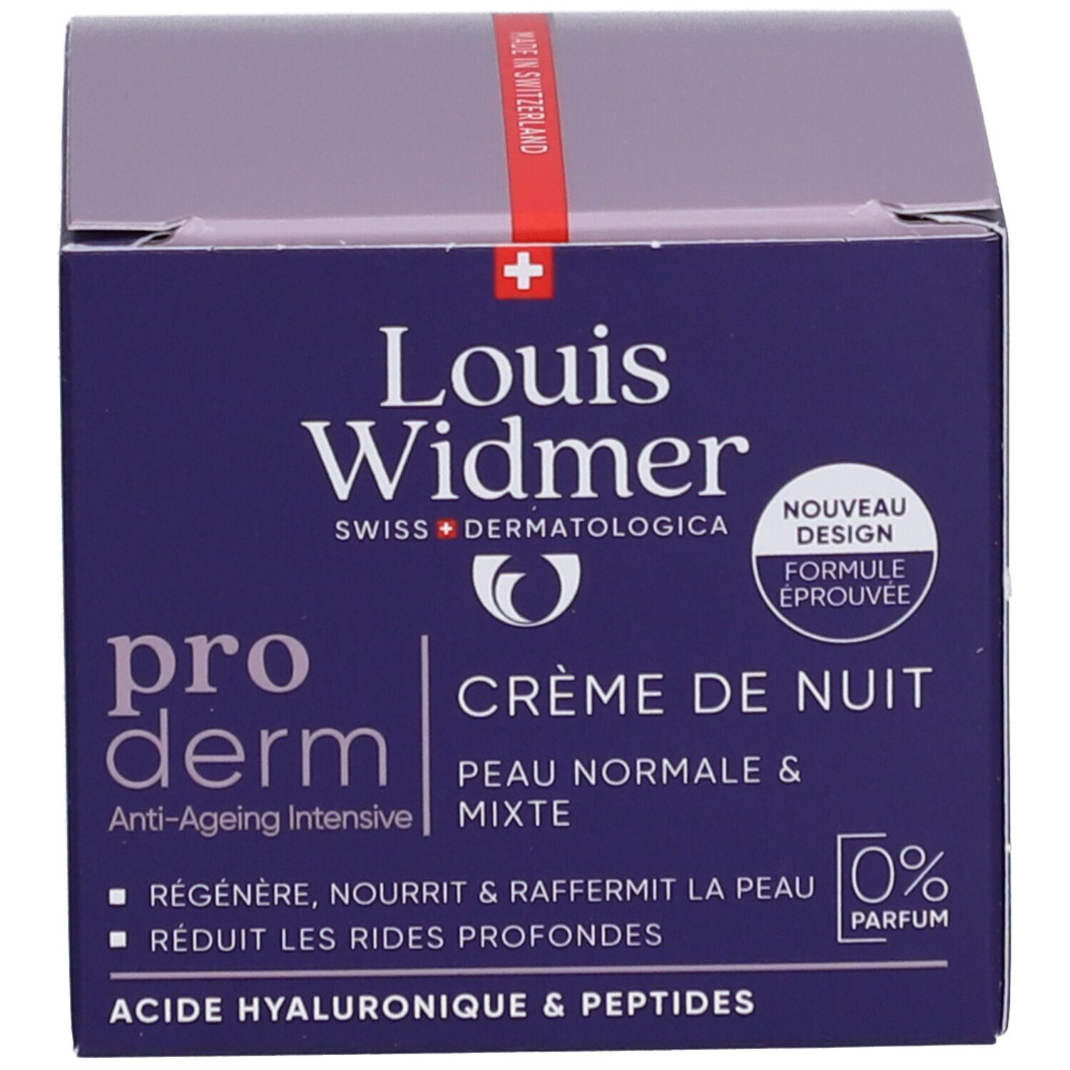 Boîte. Inscription: Louis Widmer, pro derm, Crème de nuit, peau normale & mixte, 0% Parfum. Formule éprouvée.