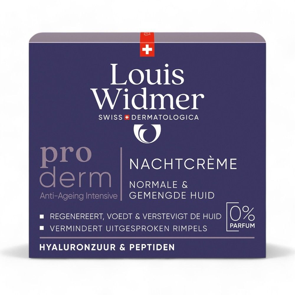 Boîte. Inscription: Louis Widmer, pro derm, Nachtcrème, normale & gemengde huid, 0% Parfum. Hyaluronzuur & Peptiden.