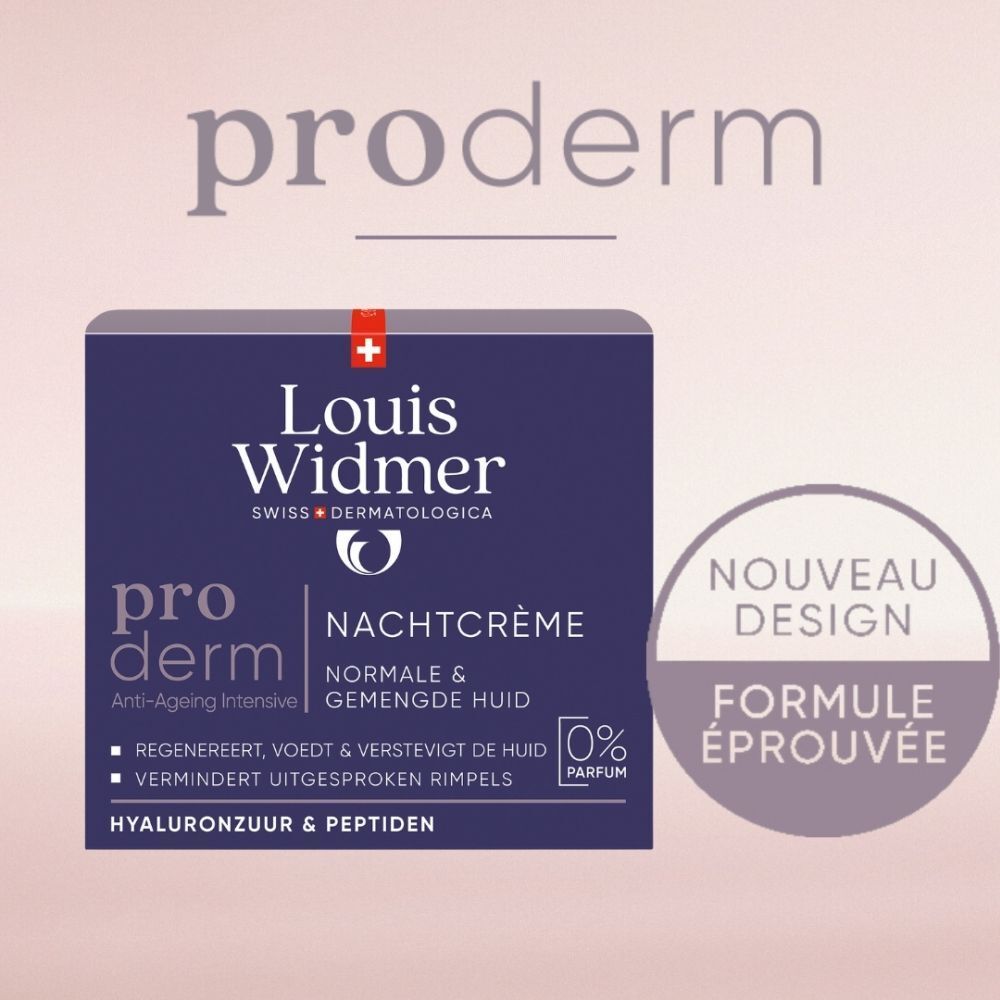 Ensemble de produits: Sérum, crème de jour et crème de nuit. Inscription: Louis Widmer, pro derm. Crème de Jour, Crème de Nuit.