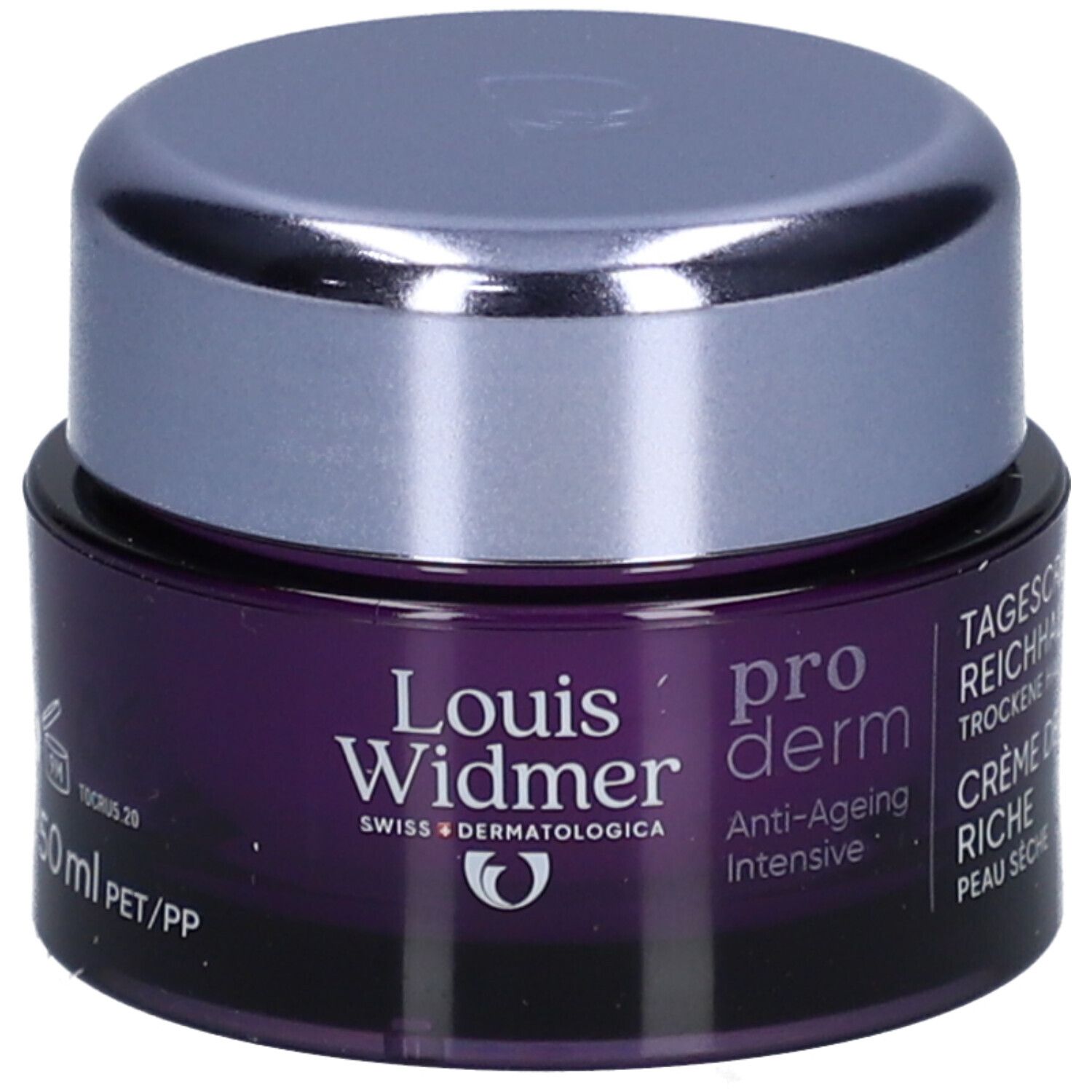 Creme-Tiegel mit Deckel. Aufschrift: Louis Widmer, pro derm, Anti-Ageing Intensive. UV30.