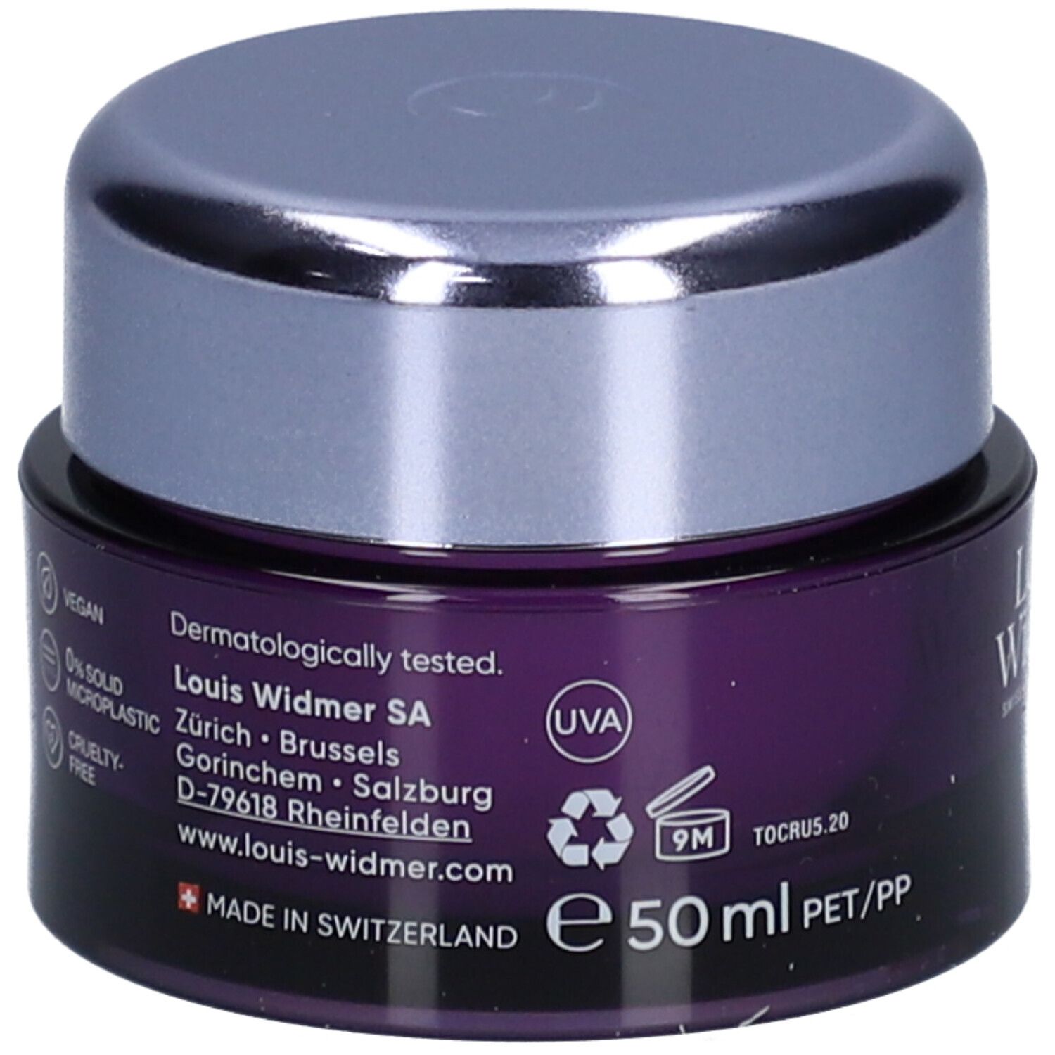 Creme-Tiegel mit Deckel. Aufschrift: Louis Widmer, pro derm, Anti-Ageing Intensive. UV30. Vegan, 0% Mikroplastik.