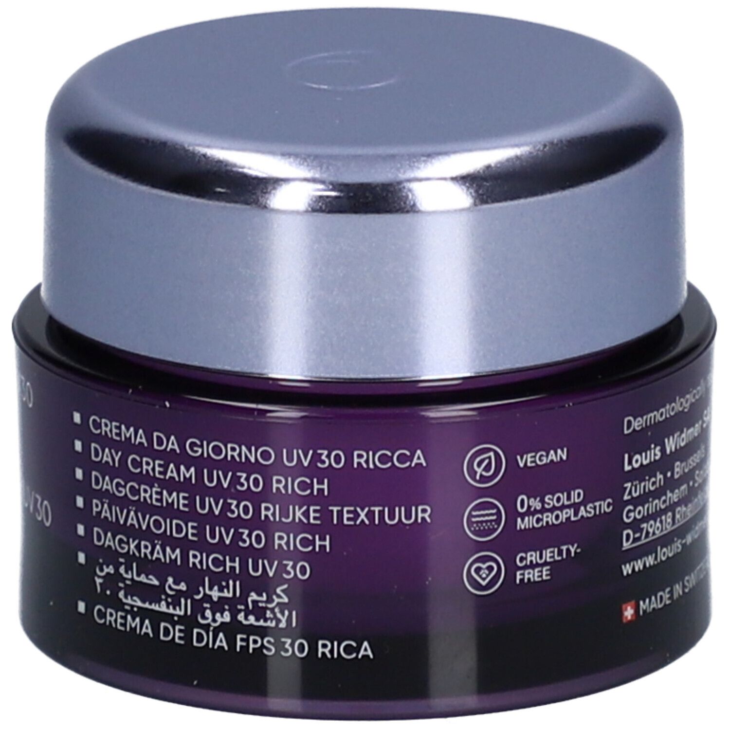 Creme-Tiegel mit Deckel. Aufschrift: Louis Widmer, pro derm, Anti-Ageing Intensive. UV30. Mehrsprachige Auflistung.