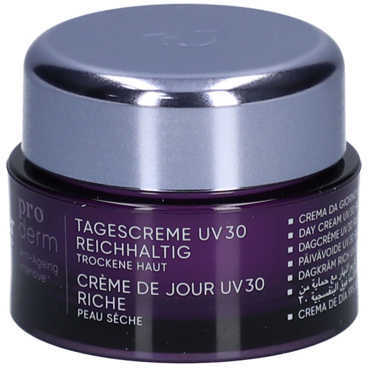 Creme-Tiegel mit Deckel. Aufschrift: Louis Widmer, pro derm, Anti-Ageing Intensive. UV30. Trockene Haut.