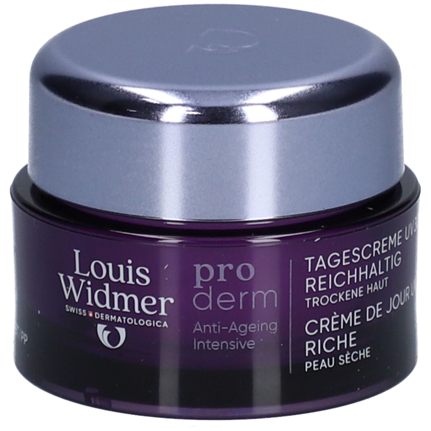 Creme-Tiegel mit Deckel. Aufschrift: Louis Widmer, pro derm, Anti-Ageing Intensive. UV30. Trockene Haut.