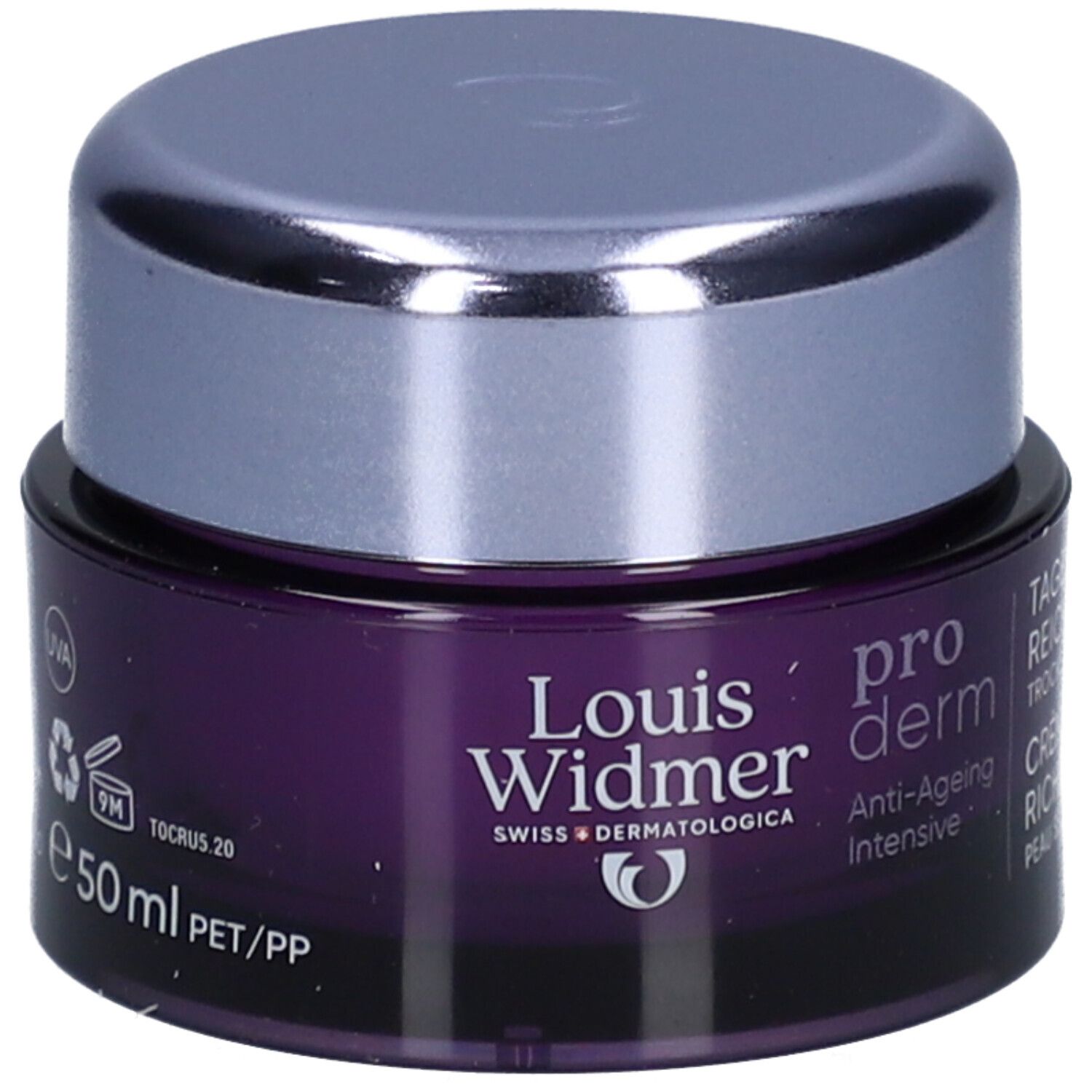 Creme-Tiegel mit Deckel. Aufschrift: Louis Widmer, pro derm, Anti-Ageing Intensive. UV30. 50 ml.