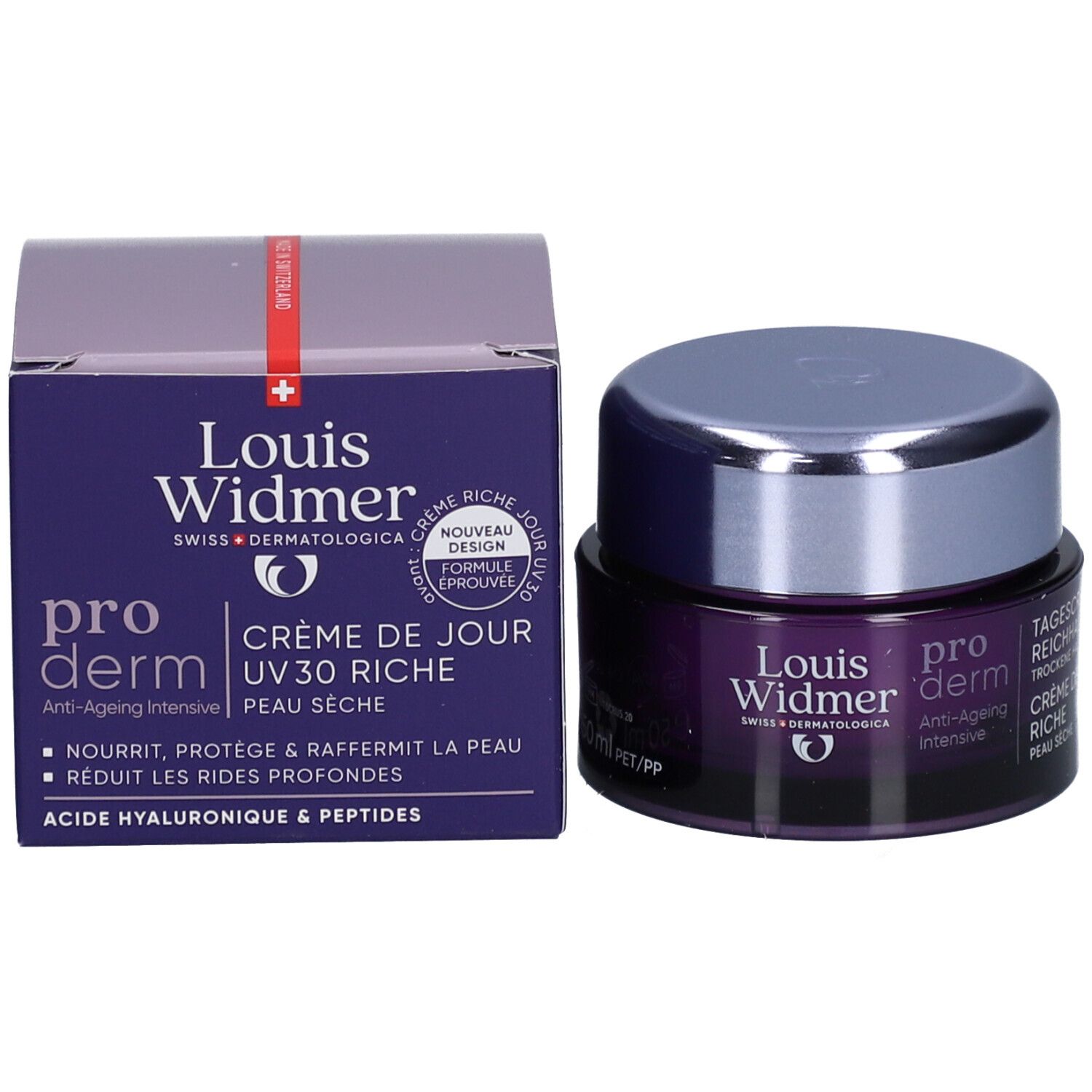 Produktverpackung mit Creme-Tiegel und Karton. Aufschrift: Louis Widmer, pro derm, Crème de Jour UV30.
