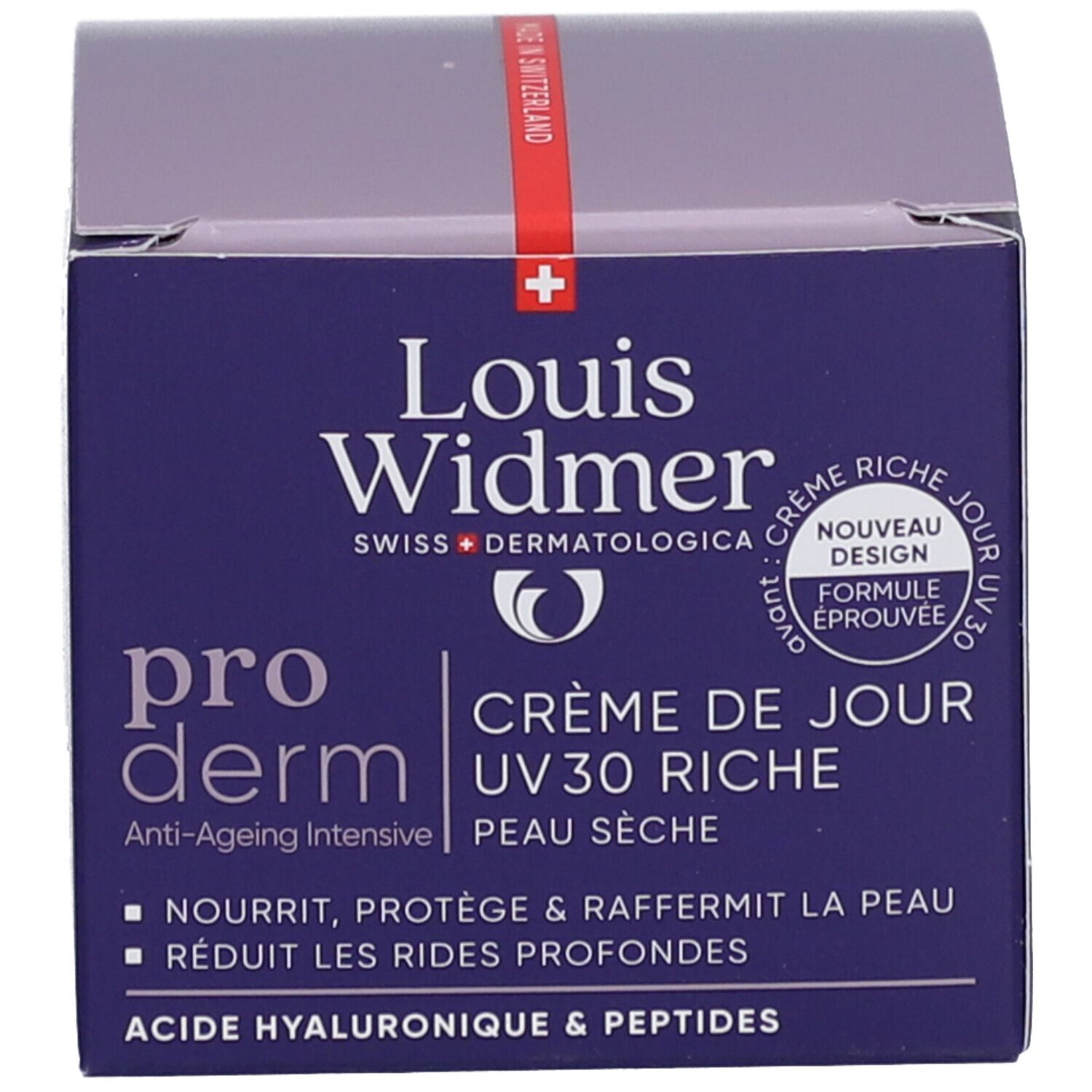 Produktverpackung. Aufschrift: Louis Widmer, pro derm, Crème de Jour UV30. Neue Design, Formel bewährt.