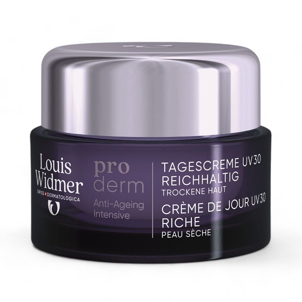 Pot de crème. Louis Widmer Proderm Crème de jour UV 30. Pot violet, couvercle argenté.