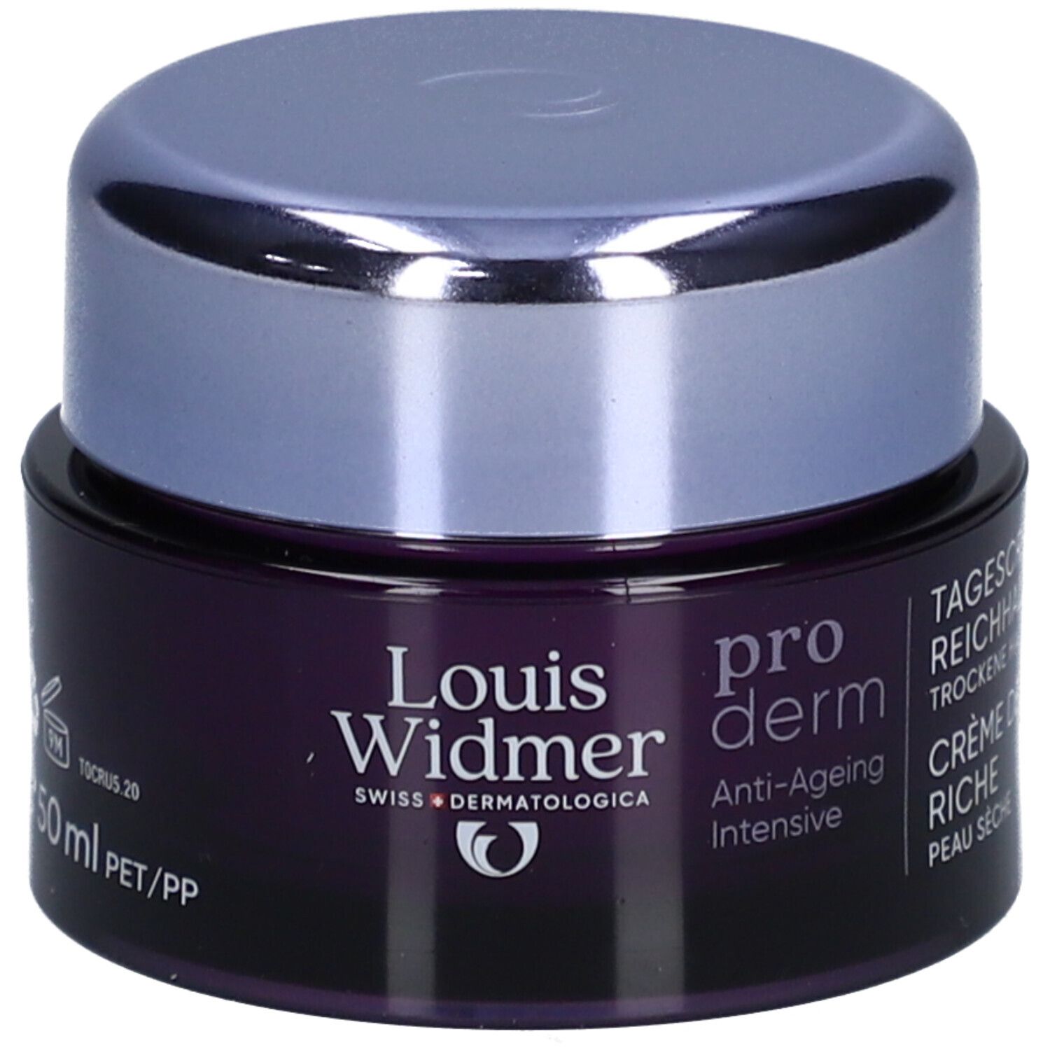 Creme-Dose. Louis Widmer Proderm Tagescreme UV 30. Violette Dose mit silbernem Deckel. Text.