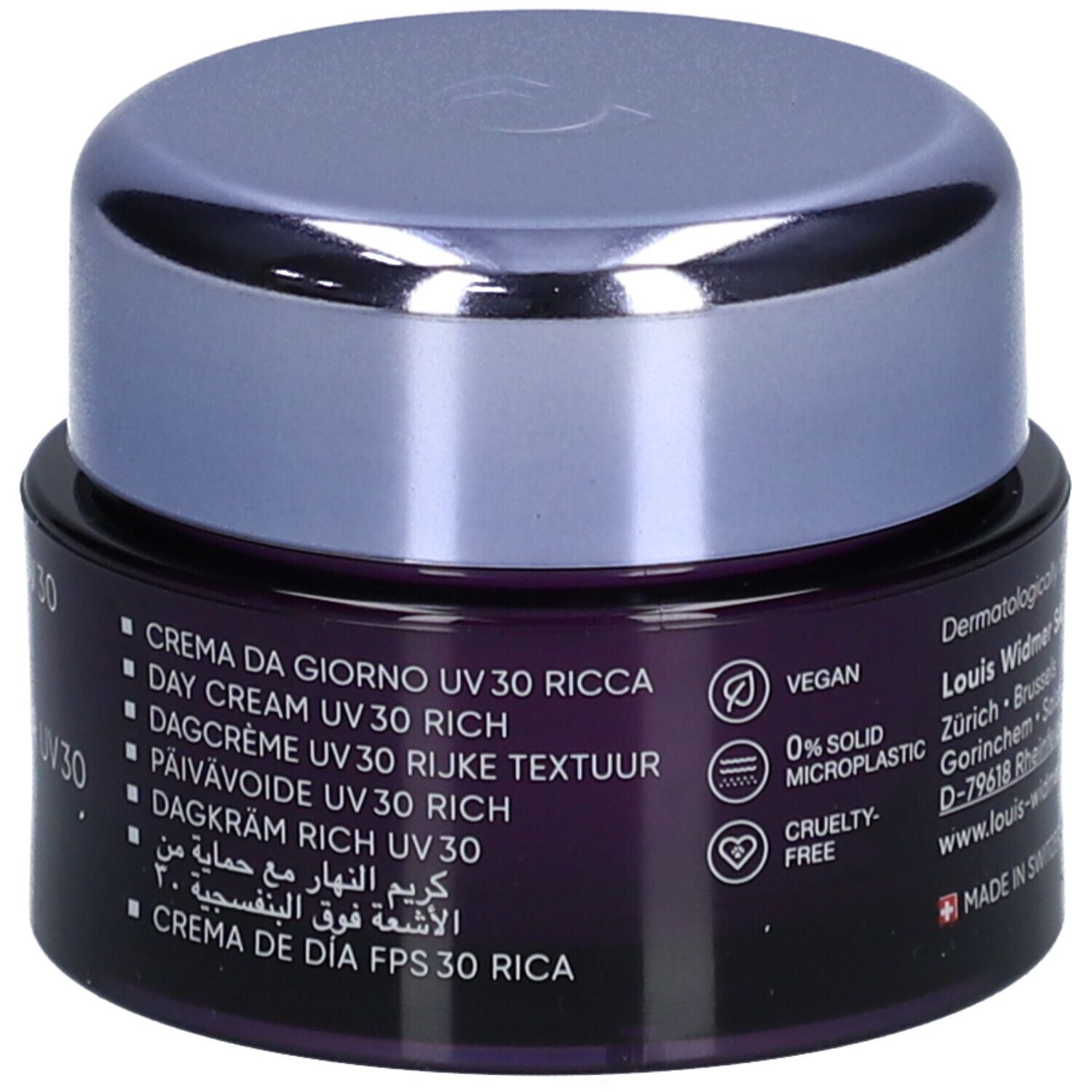 Creme-Dose. Louis Widmer Proderm. Mehrsprachige Texte: Creme da giorno, Day Cream, Dagcrème, Crème de jour.