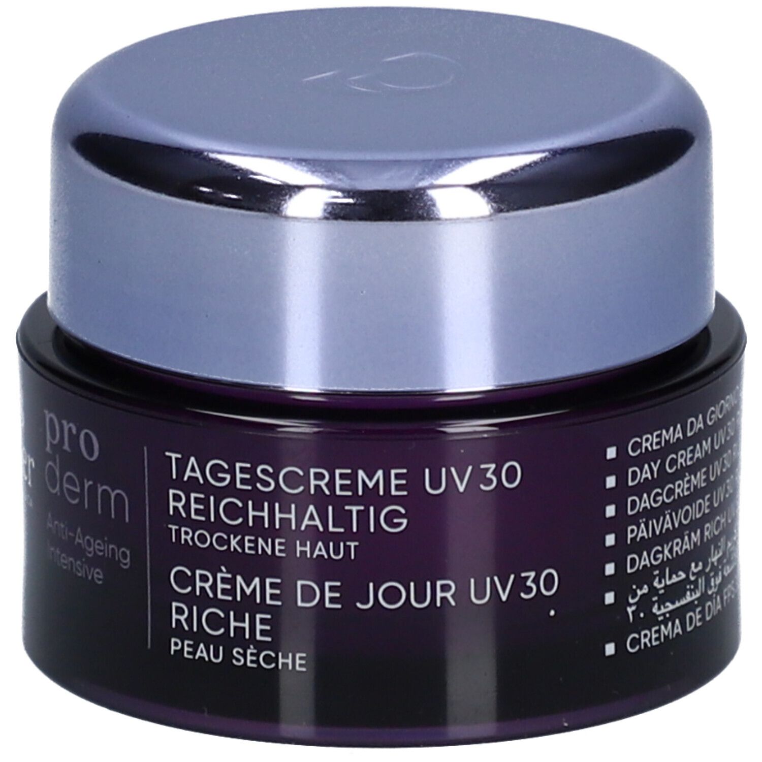 Creme-Dose. Louis Widmer Proderm Tagescreme UV 30. Text: reichhaltig, trockene Haut, Crème de jour.