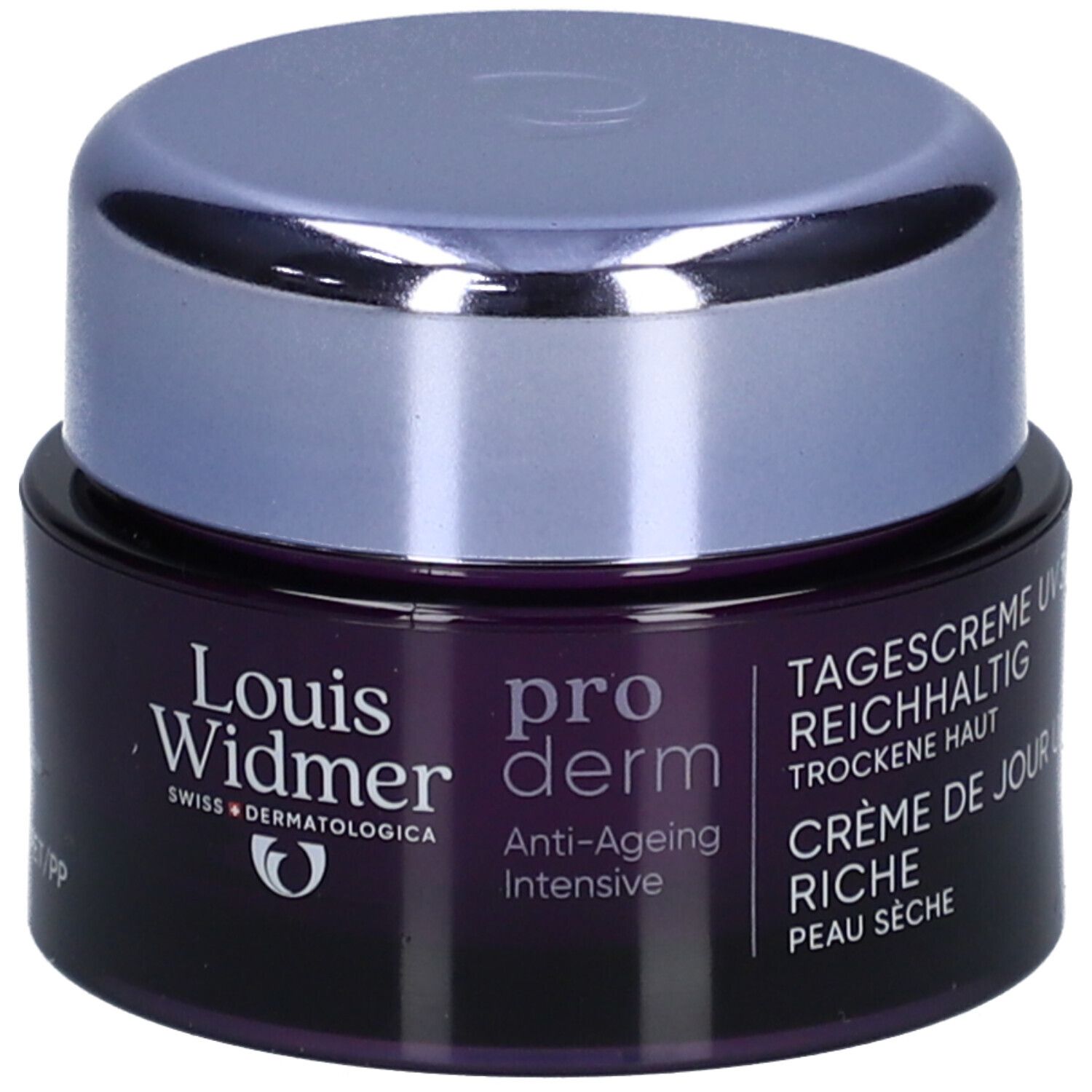 Creme-Dose. Louis Widmer Proderm Anti-Ageing Intensive. Violette Dose mit silbernem Deckel.