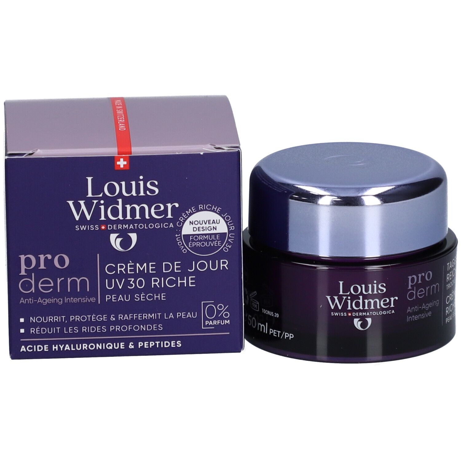 Produktverpackung. Louis Widmer Proderm Crème de jour UV 30. Dose und Schachtel. Text.