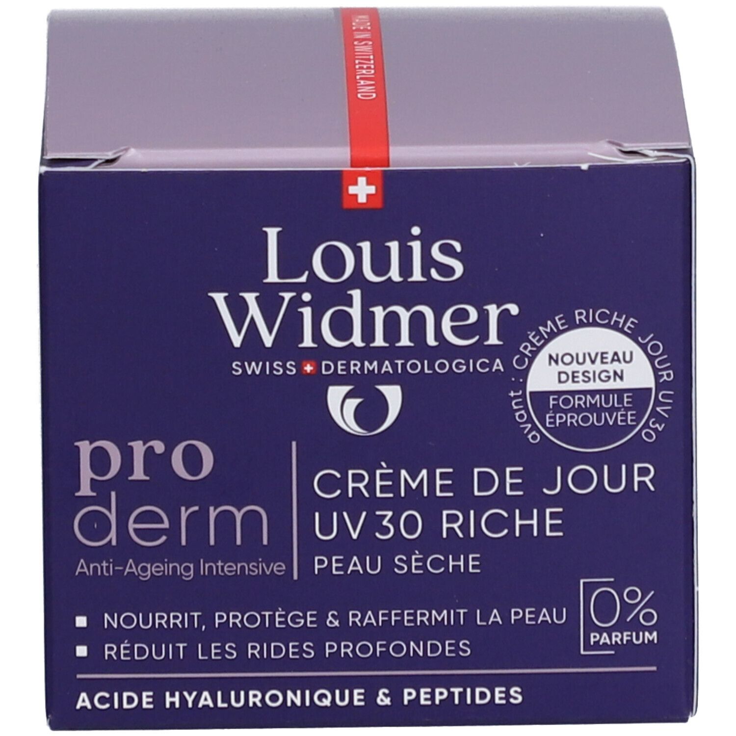 Produktverpackung. Louis Widmer Proderm Crème de jour UV 30. Schachtel. Text, Logos.