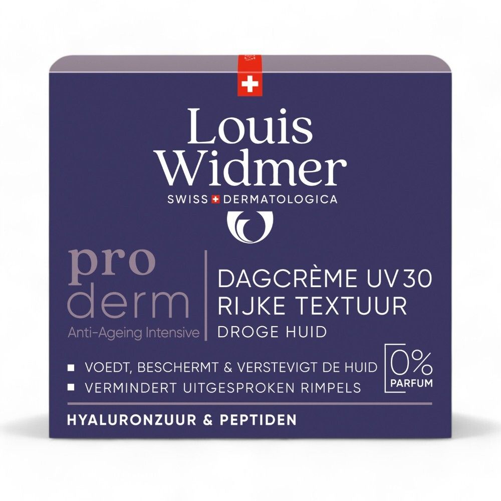 Emballage du produit. Louis Widmer Proderm Crème de jour UV 30. Boîte. Texte, logos.