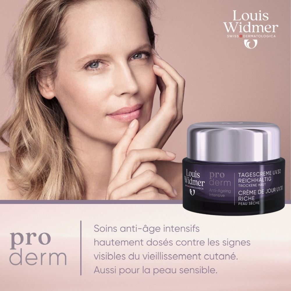 Pot de crème. Louis Widmer Proderm Crème de jour UV 30. Pot violet, couvercle argenté.
