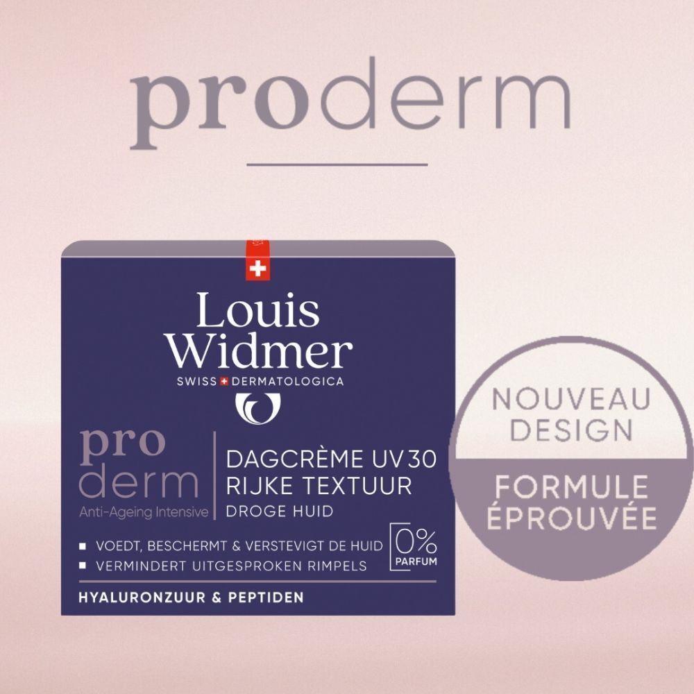 Emballage du produit. Louis Widmer Proderm Crème de jour UV 30. Boîte. Texte, logos.