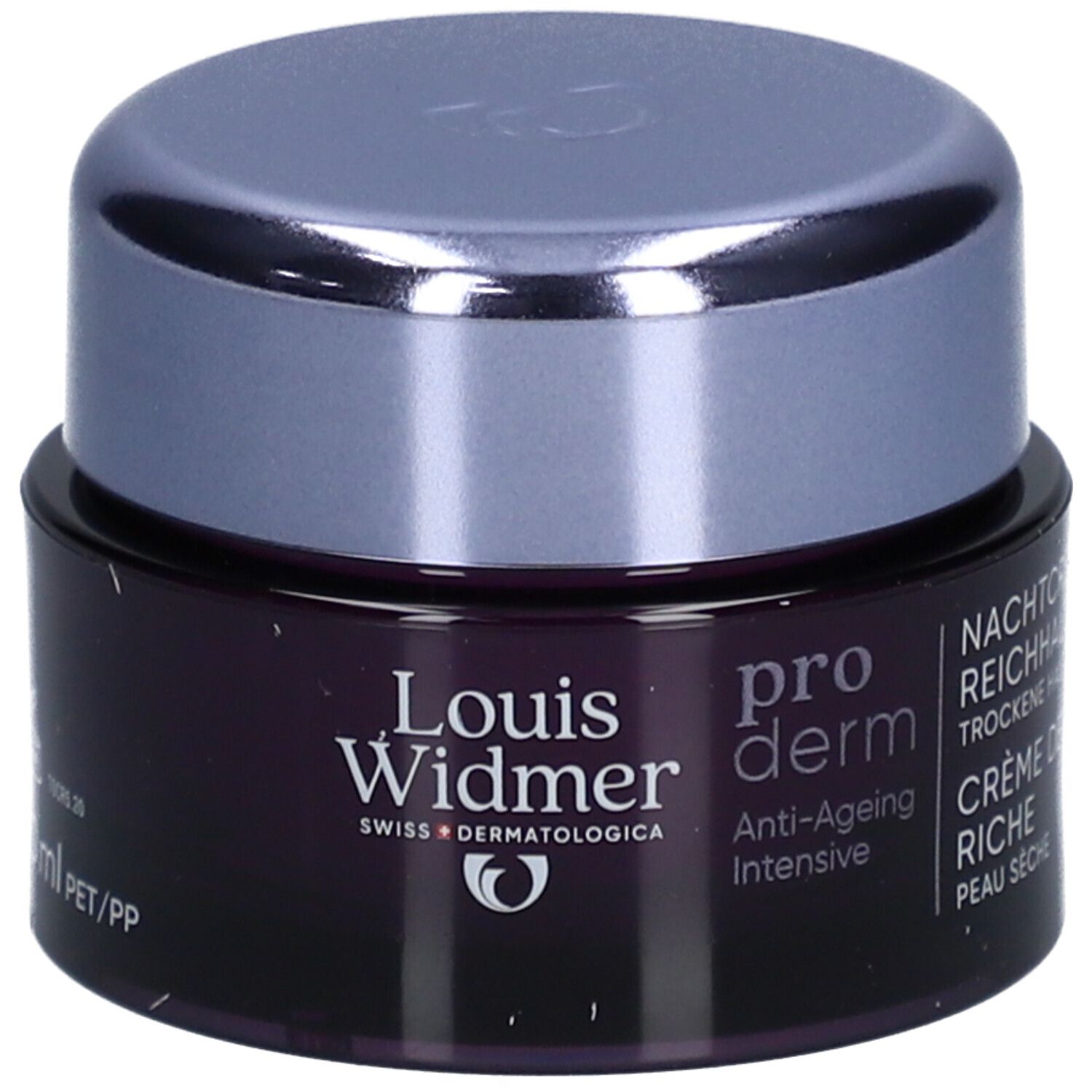Donkerpaarse pot met zilveren deksel. Louis Widmer Proderm Anti-Ageing Nachtcrème.