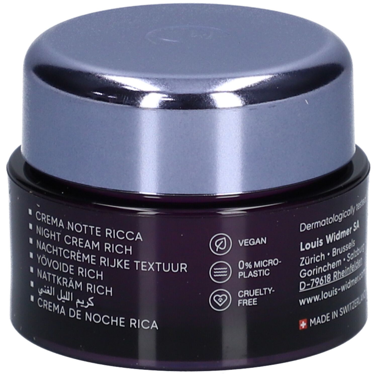 Pot met meertalige teksten: Crème Notte Ricca, Night Cream Rich, Nachtcrème Rijke Textuur.