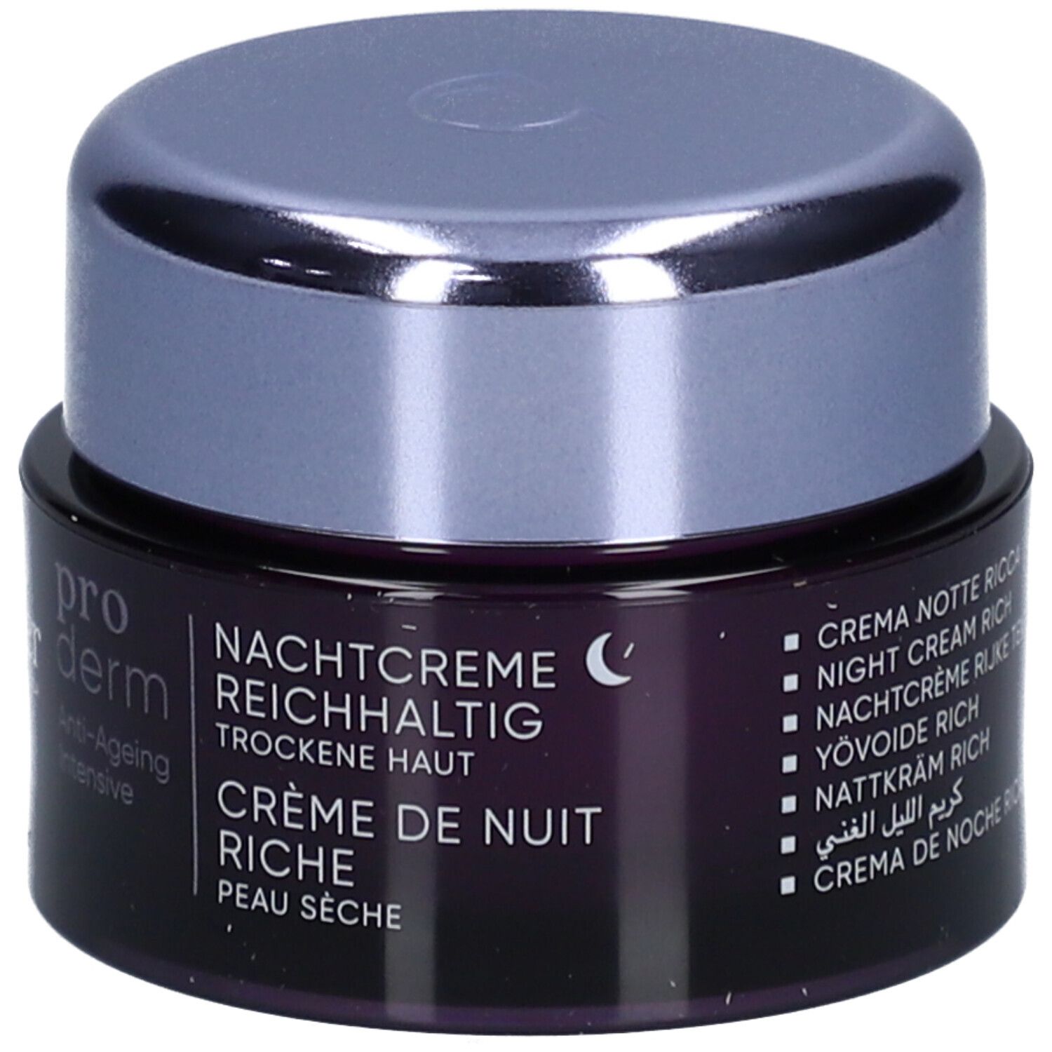 Pot met productnaam en teksten: Nachtcrème Reichhaltig, Crème de Nuit Riche, Peau Sèche.