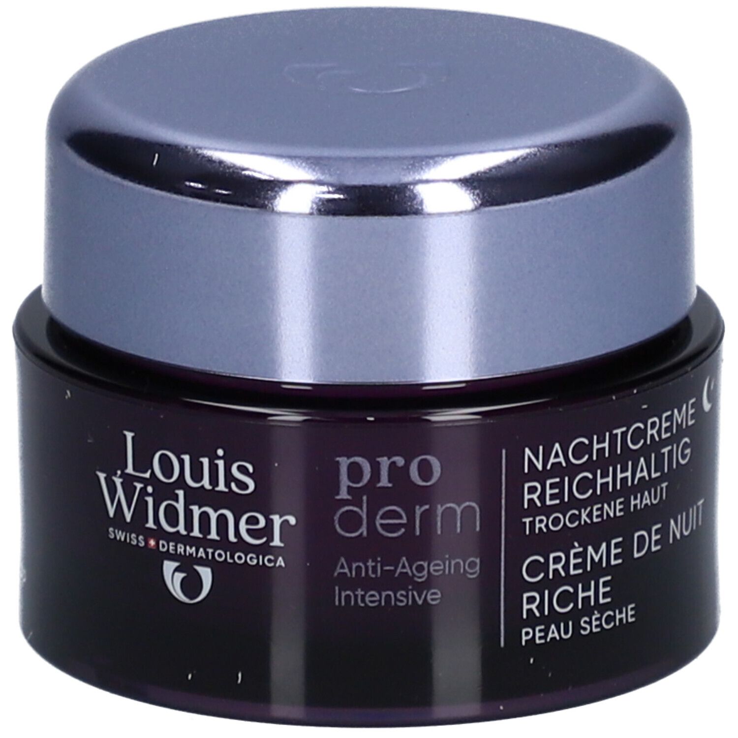Pot met productnaam en logo: Louis Widmer Proderm Anti-Ageing Intensive Nachtcrème.