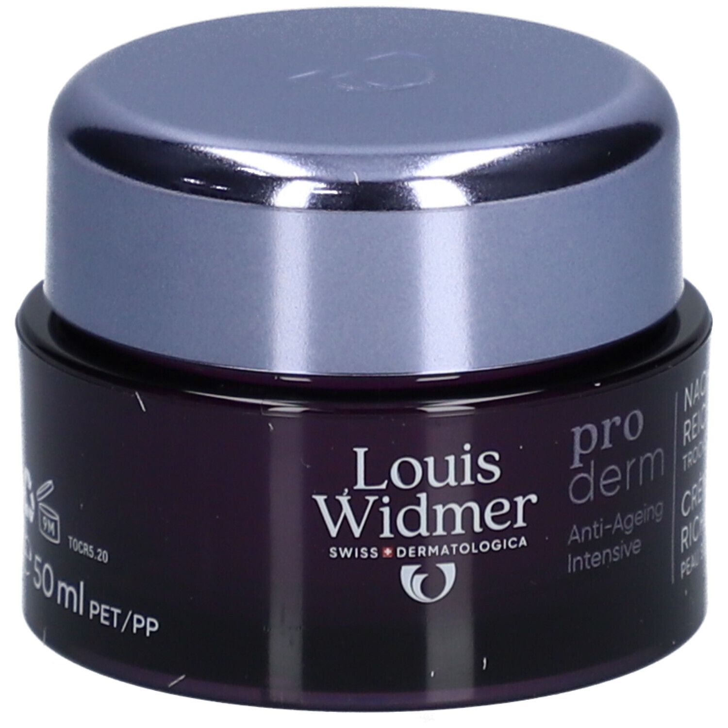 Pot met productnaam en logo: Louis Widmer Proderm Anti-Ageing Intensive Nachtcrème.