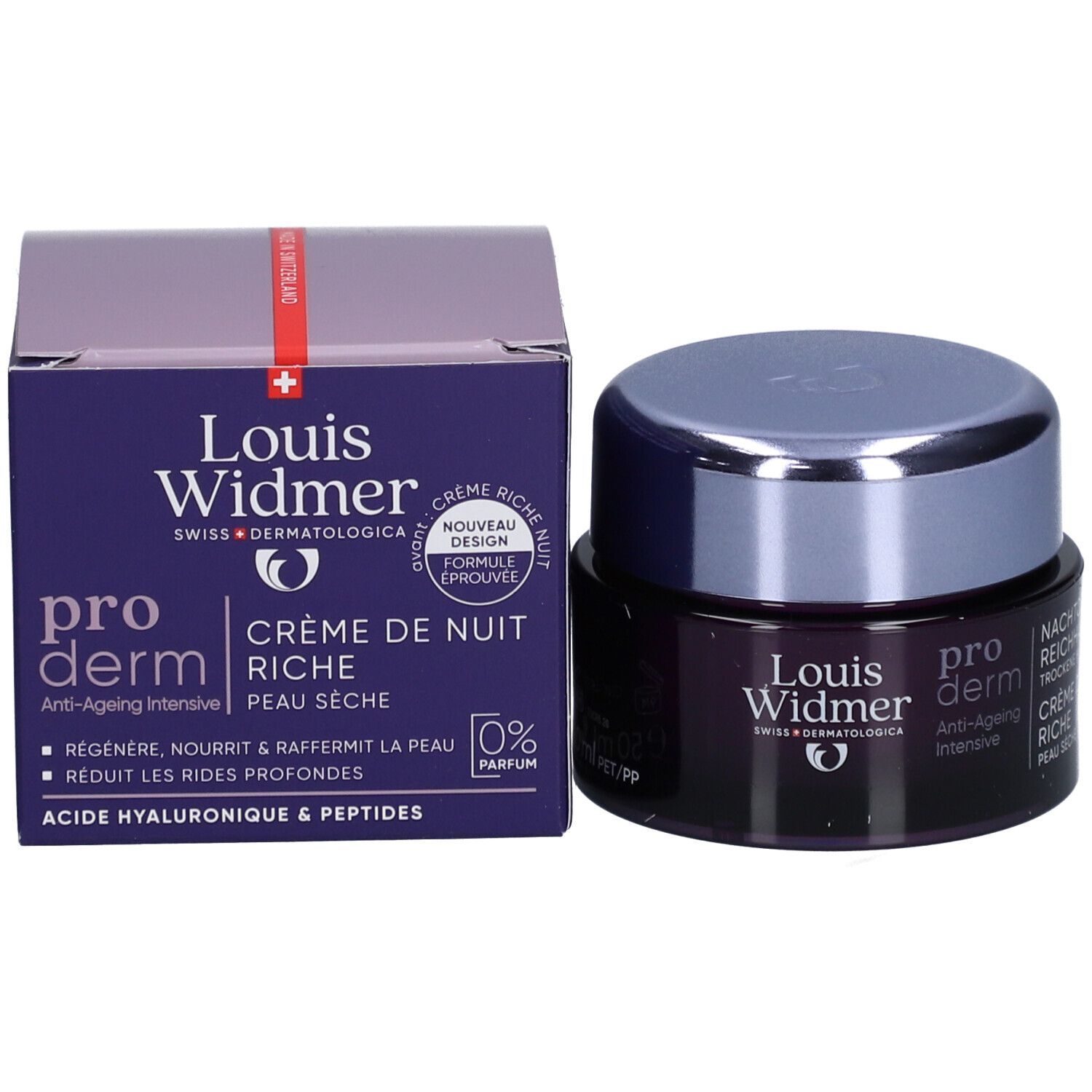Productverpakking met pot. Louis Widmer Proderm Crème de Nuit Riche, 0% Parfum.