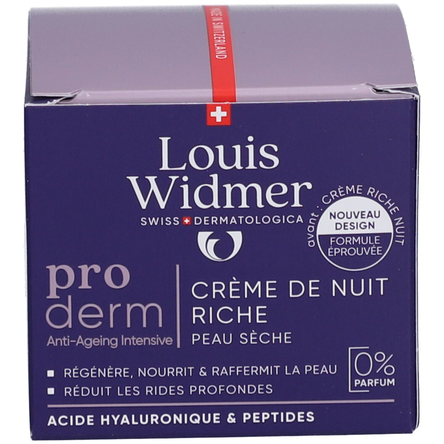 Productverpakking. Louis Widmer Proderm Crème de Nuit Riche, 0% Parfum, Peau Sèche.
