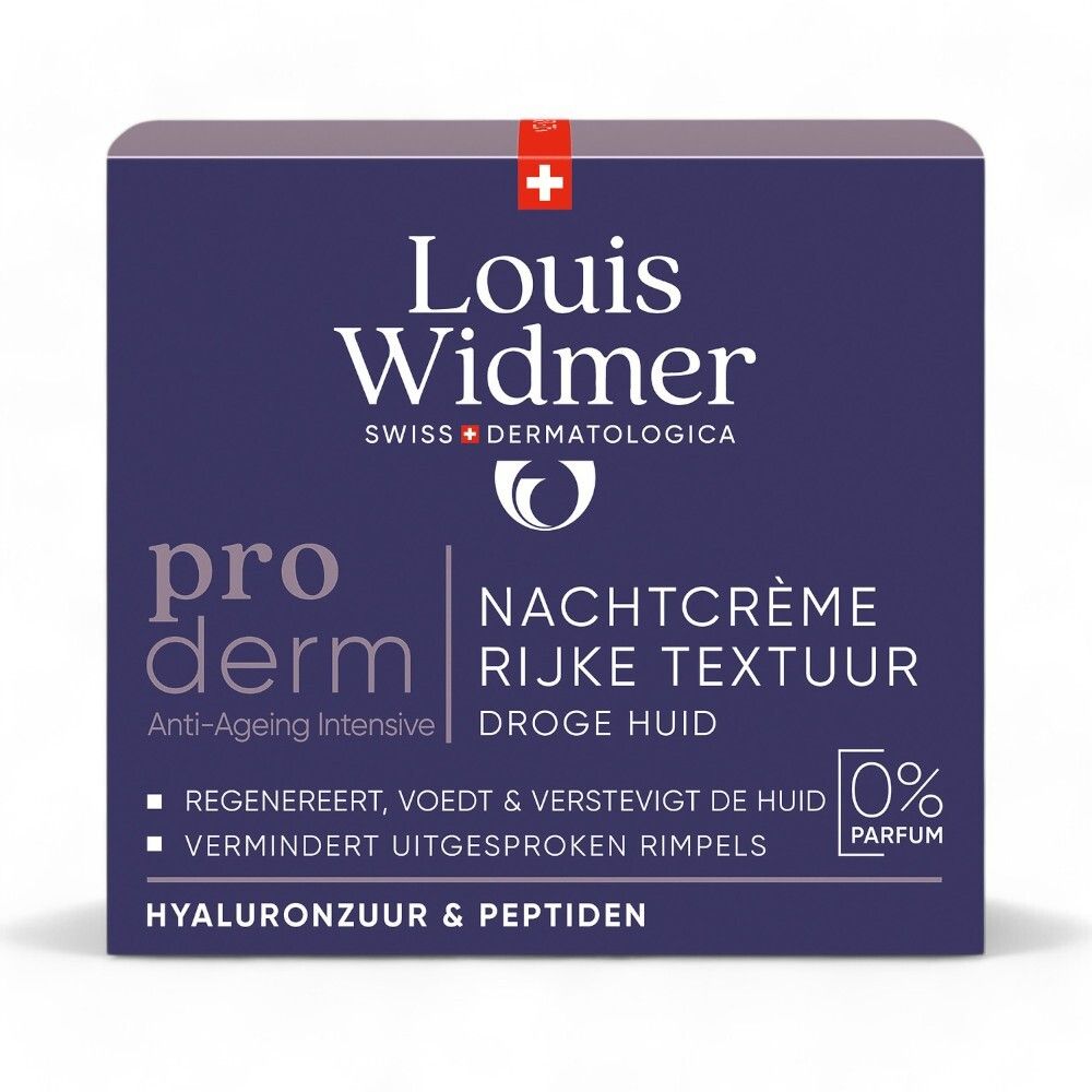 Productverpakking. Louis Widmer Proderm Crème de Nuit Riche, 0% Parfum, Peau Sèche.