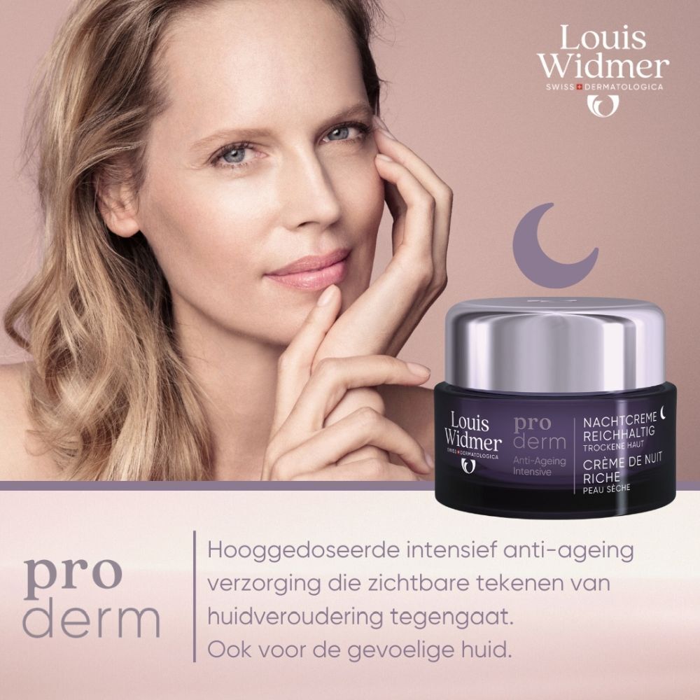 Productverpakking. Louis Widmer Proderm Nachtcrème Rijke Textuur, 0% Parfum, Droge Huid.