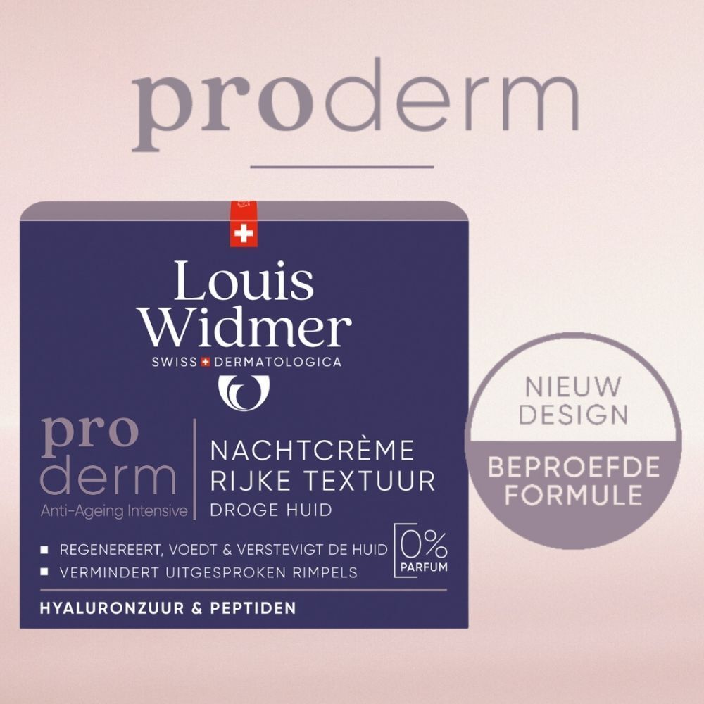 Productverpakking. Louis Widmer Proderm Nachtcrème Rijke Textuur, 0% Parfum, Droge Huid.