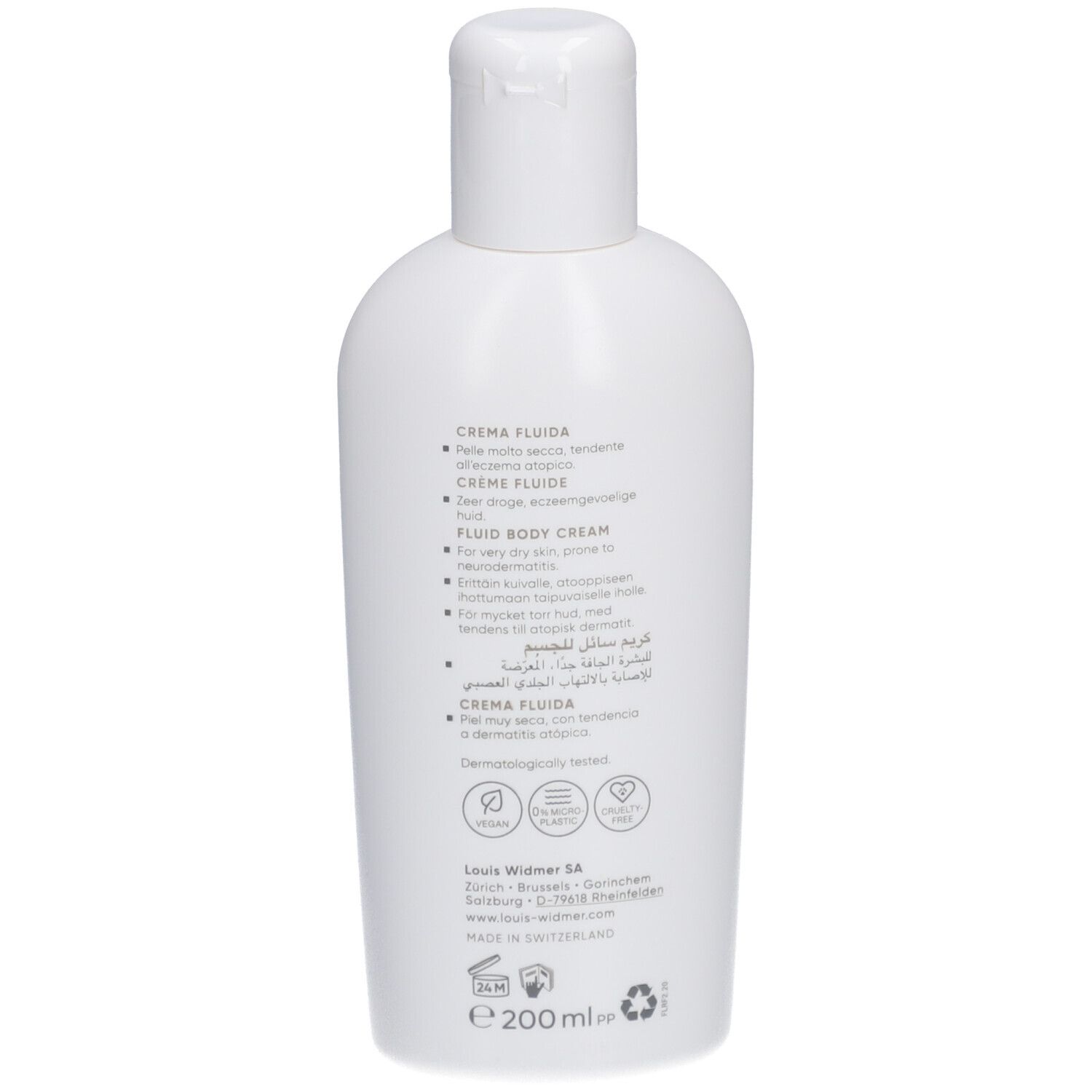 Dos d'un flacon blanc. Texte en plusieurs langues. Inscription: Crème Fluide, Fluid Body Cream. Logo vegan.